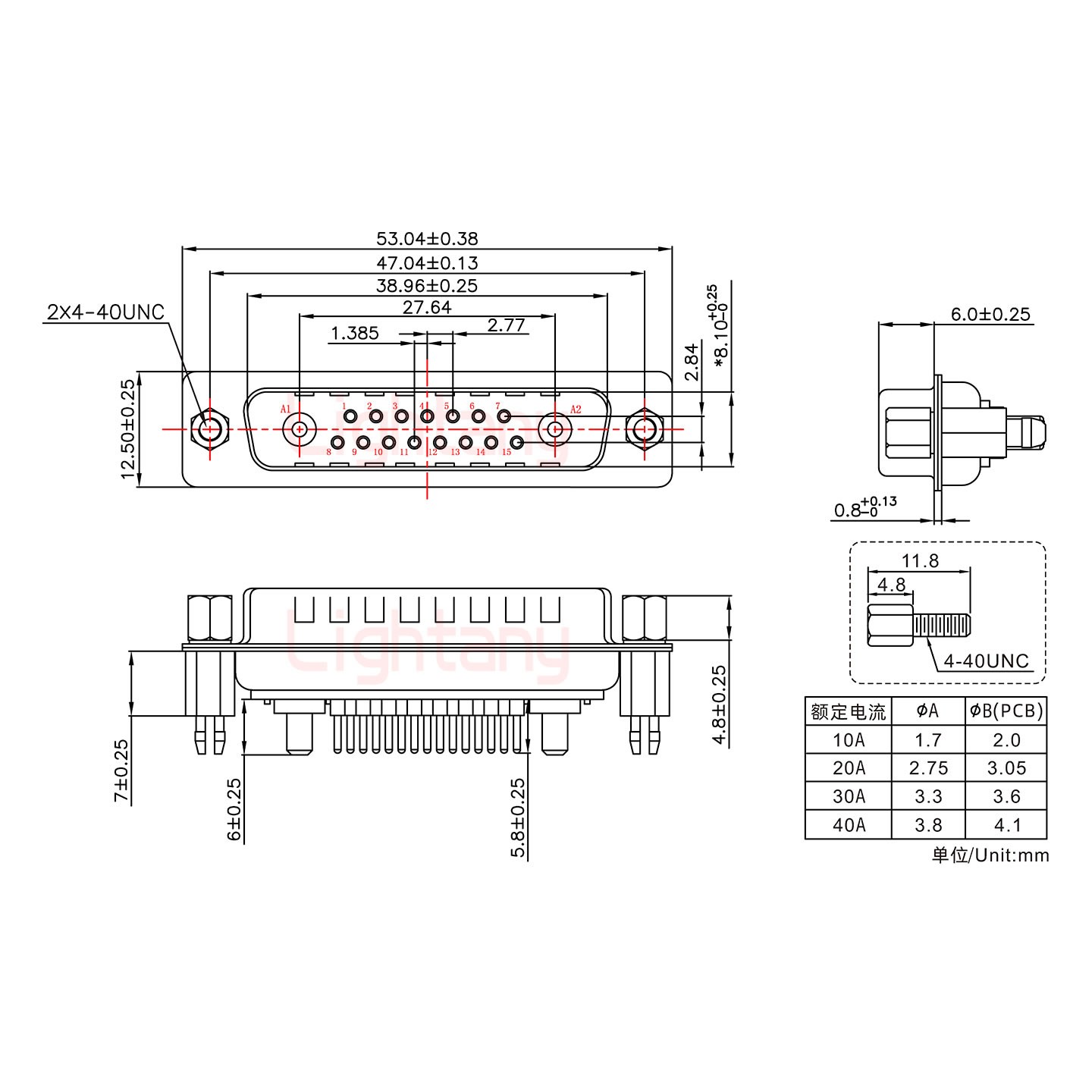 17W2公PCB直插板/鉚魚叉7.0/大電流40A