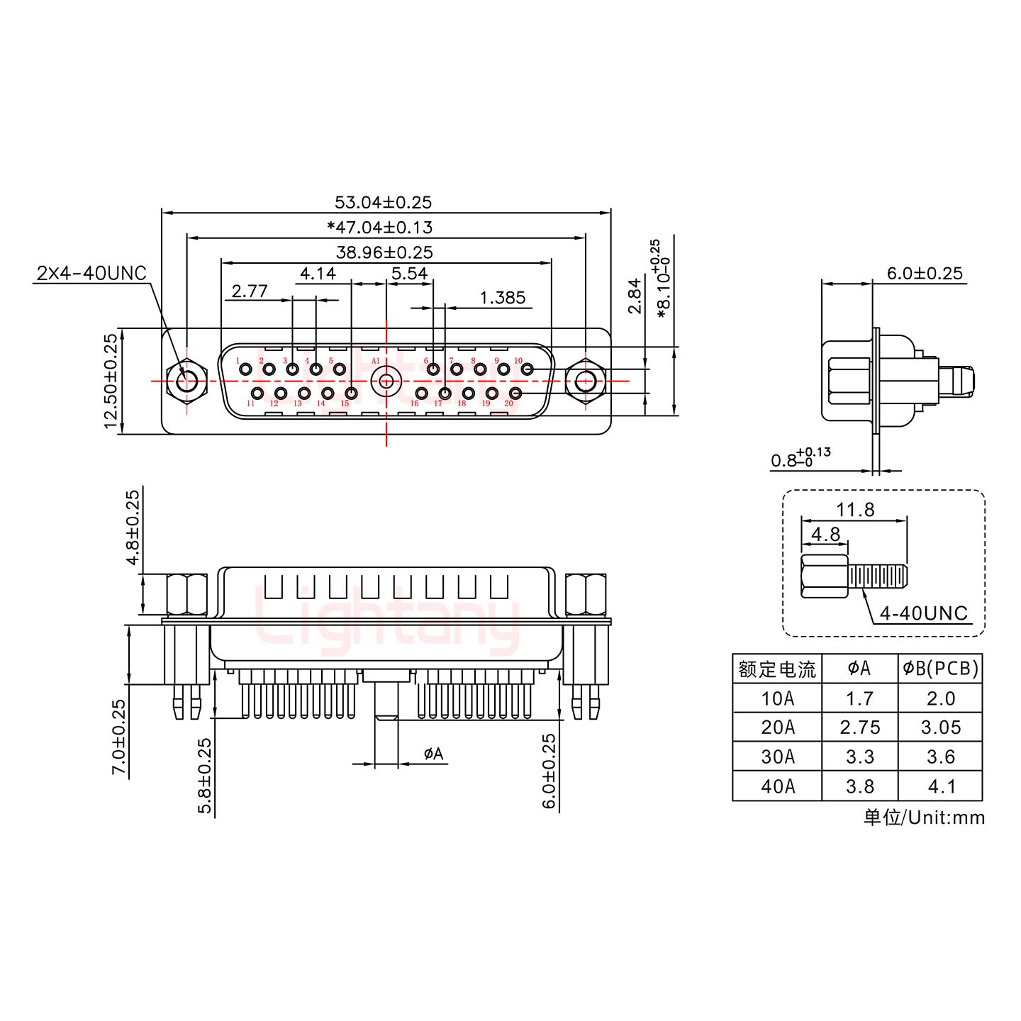 21W1公PCB直插板/鉚魚叉7.0/大電流20A