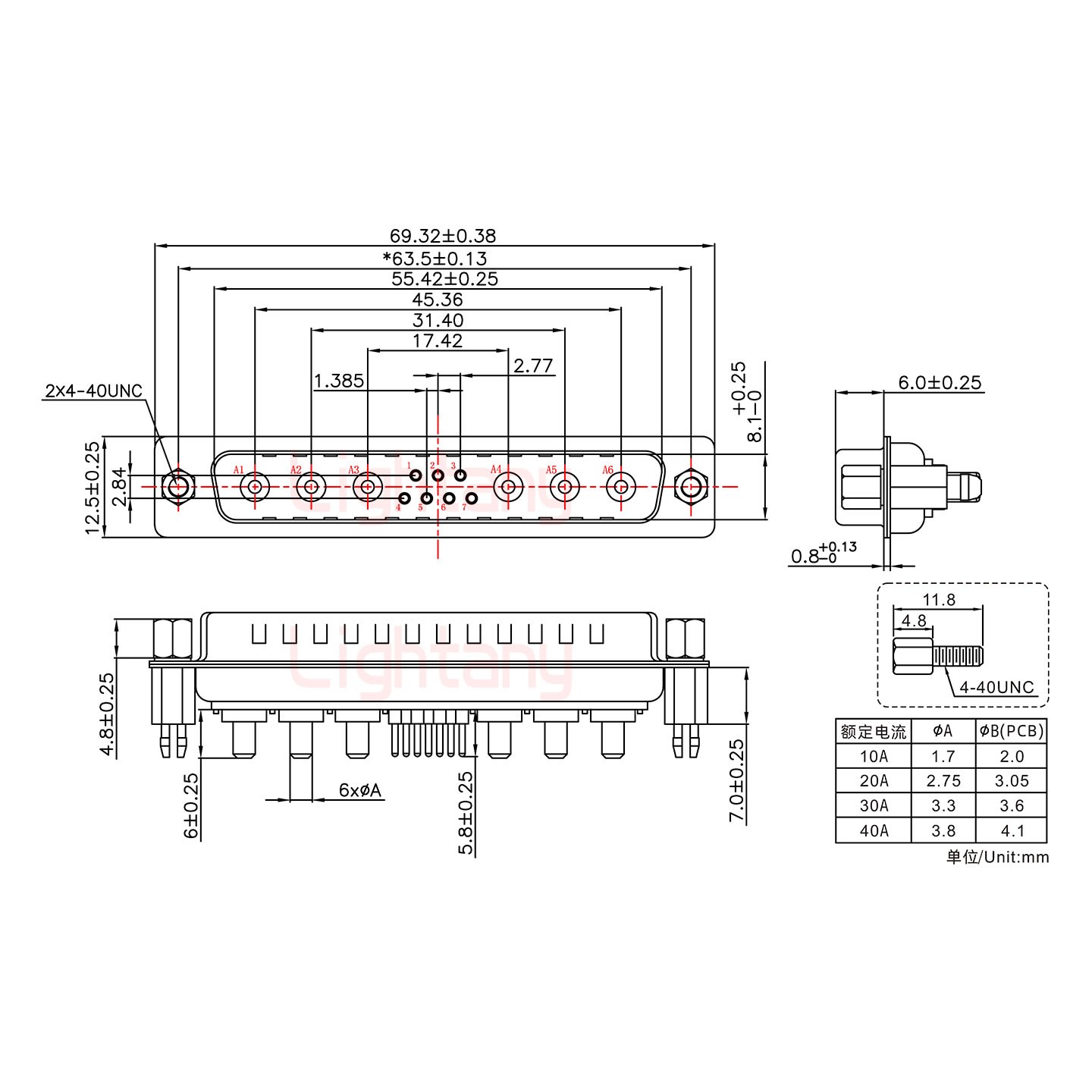 13W6A公PCB直插板/鉚魚叉7.0/大電流20A