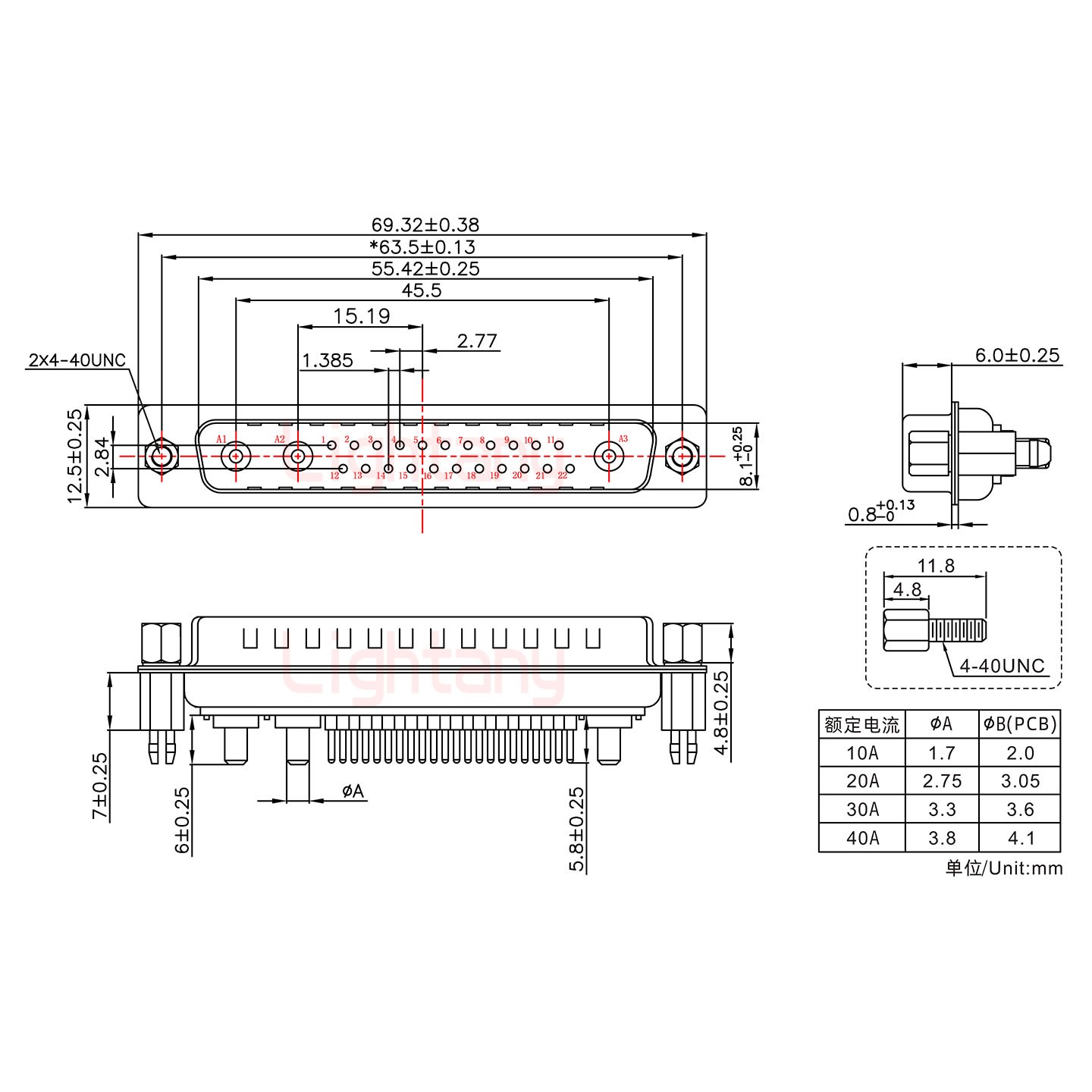 25W3公PCB直插板/鉚魚(yú)叉7.0/大電流40A