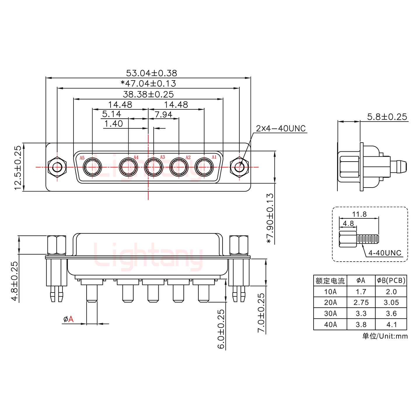 5W5母PCB直插板/鉚魚(yú)叉7.0/大電流20A