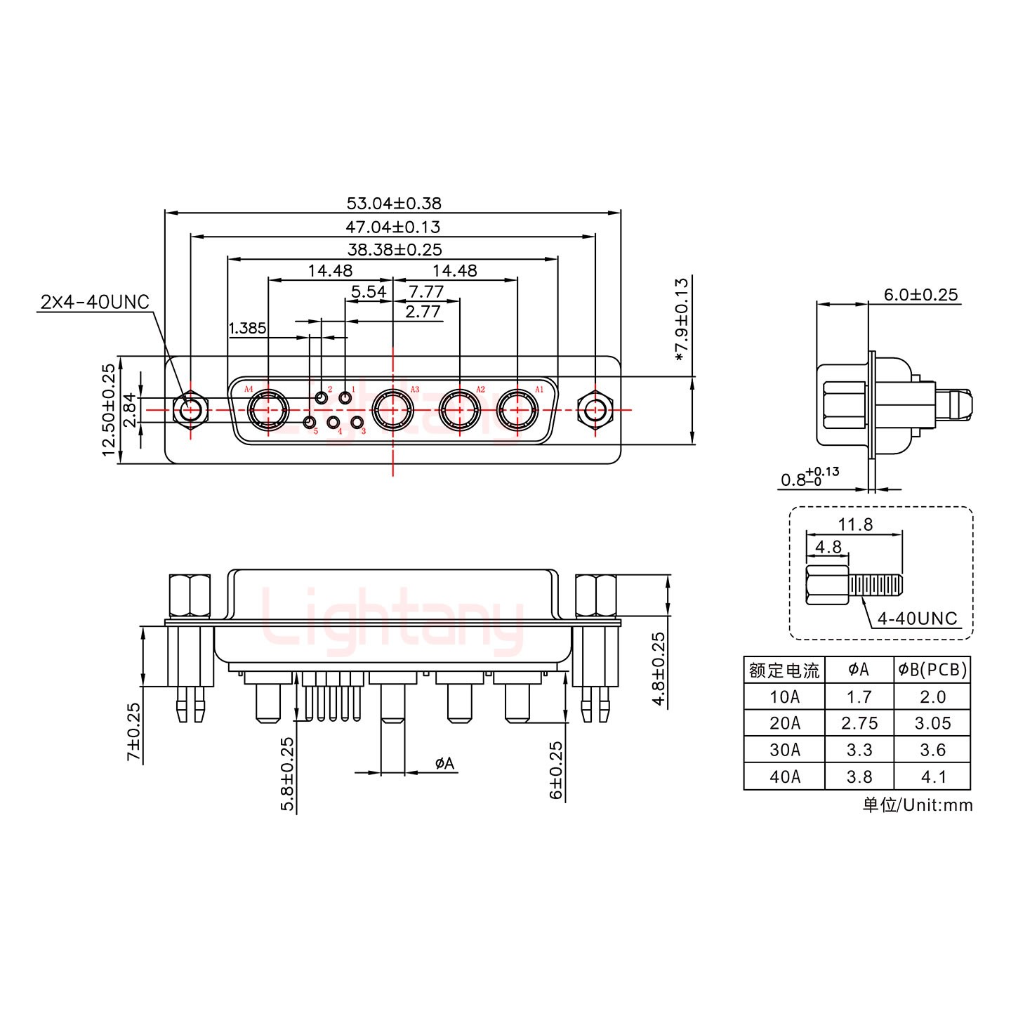 9W4母PCB直插板/鉚魚(yú)叉7.0/大電流40A