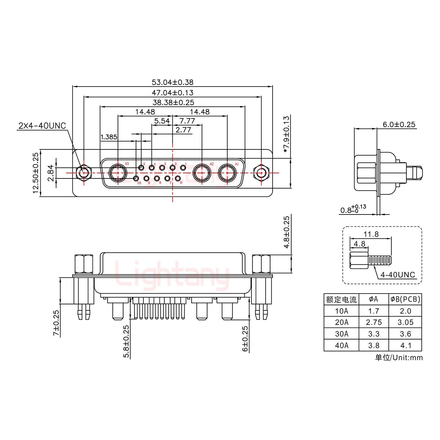 13W3母PCB直插板/鉚魚叉7.0/大電流40A