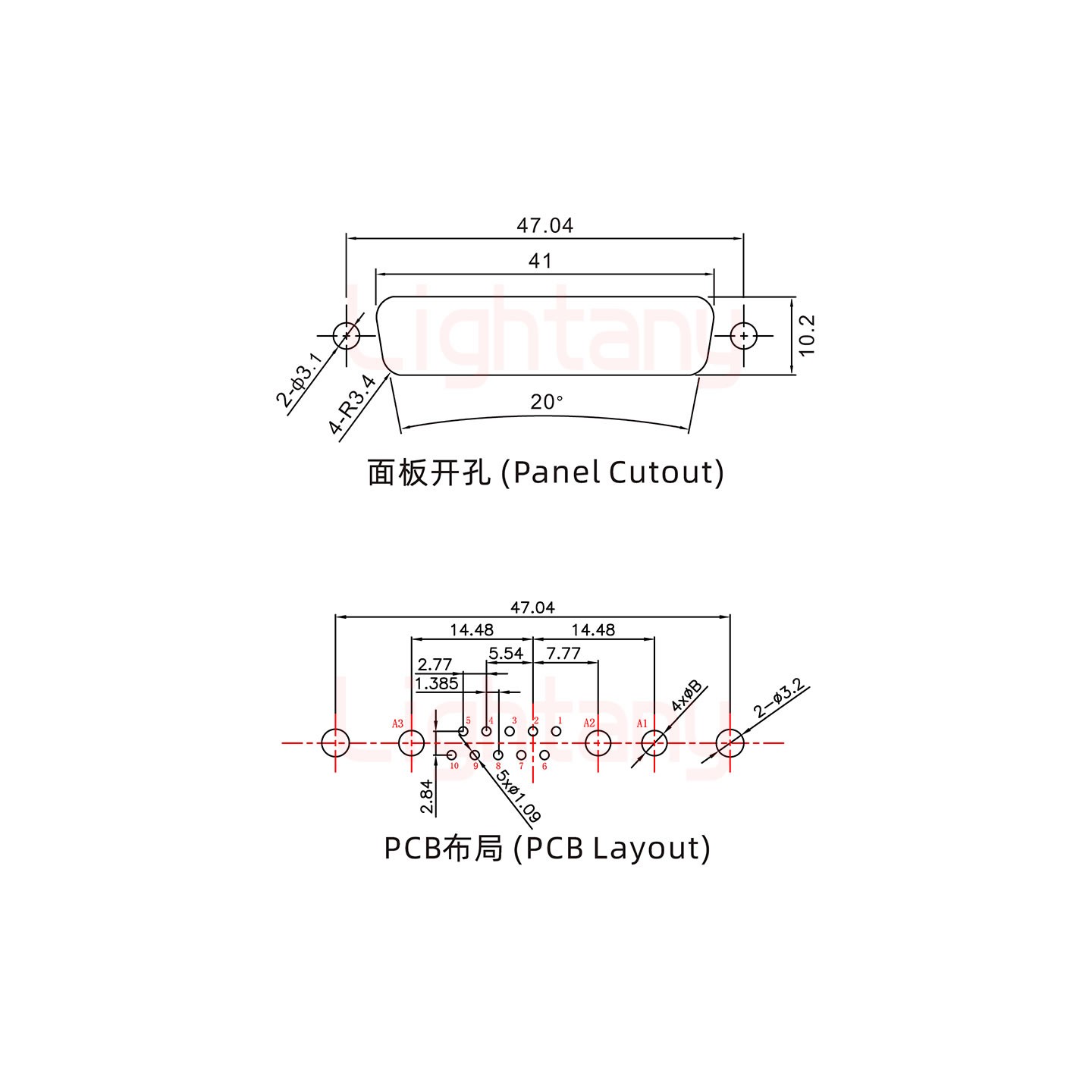 13W3母PCB直插板/鉚魚叉7.0/大電流40A