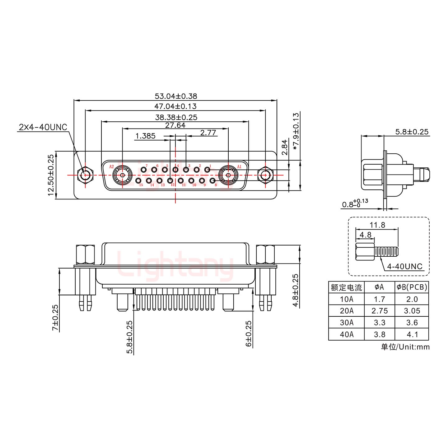 17W2母PCB直插板/鉚魚叉7.0/大電流40A