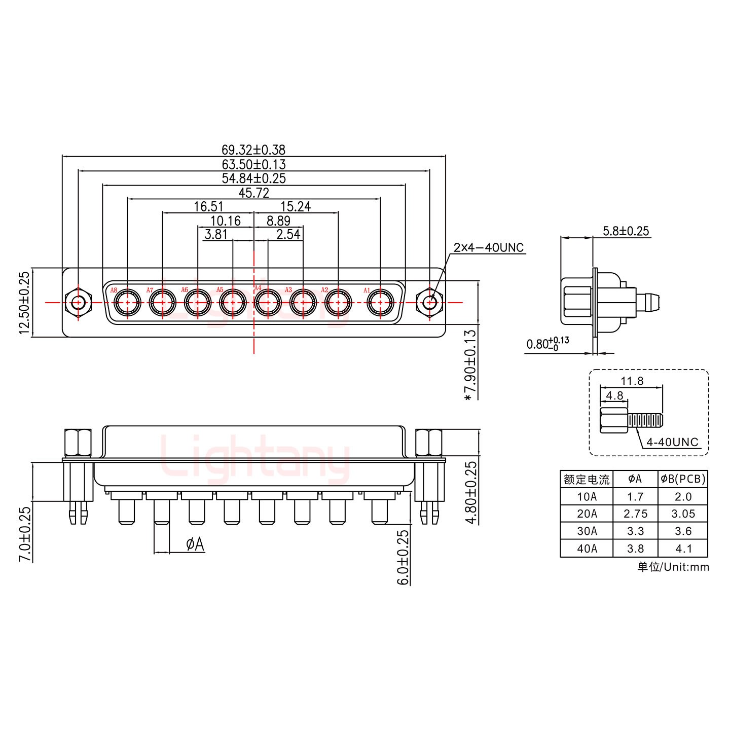 8W8母PCB直插板/鉚魚叉7.0/大電流40A