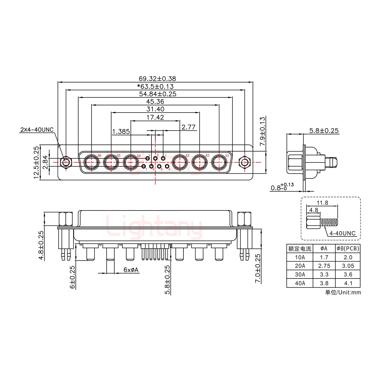 13W6A母PCB直插板/鉚魚叉7.0/大電流30A