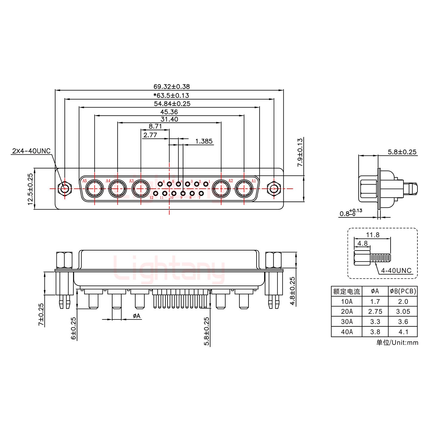 17W5母PCB直插板/鉚魚叉7.0/大電流30A