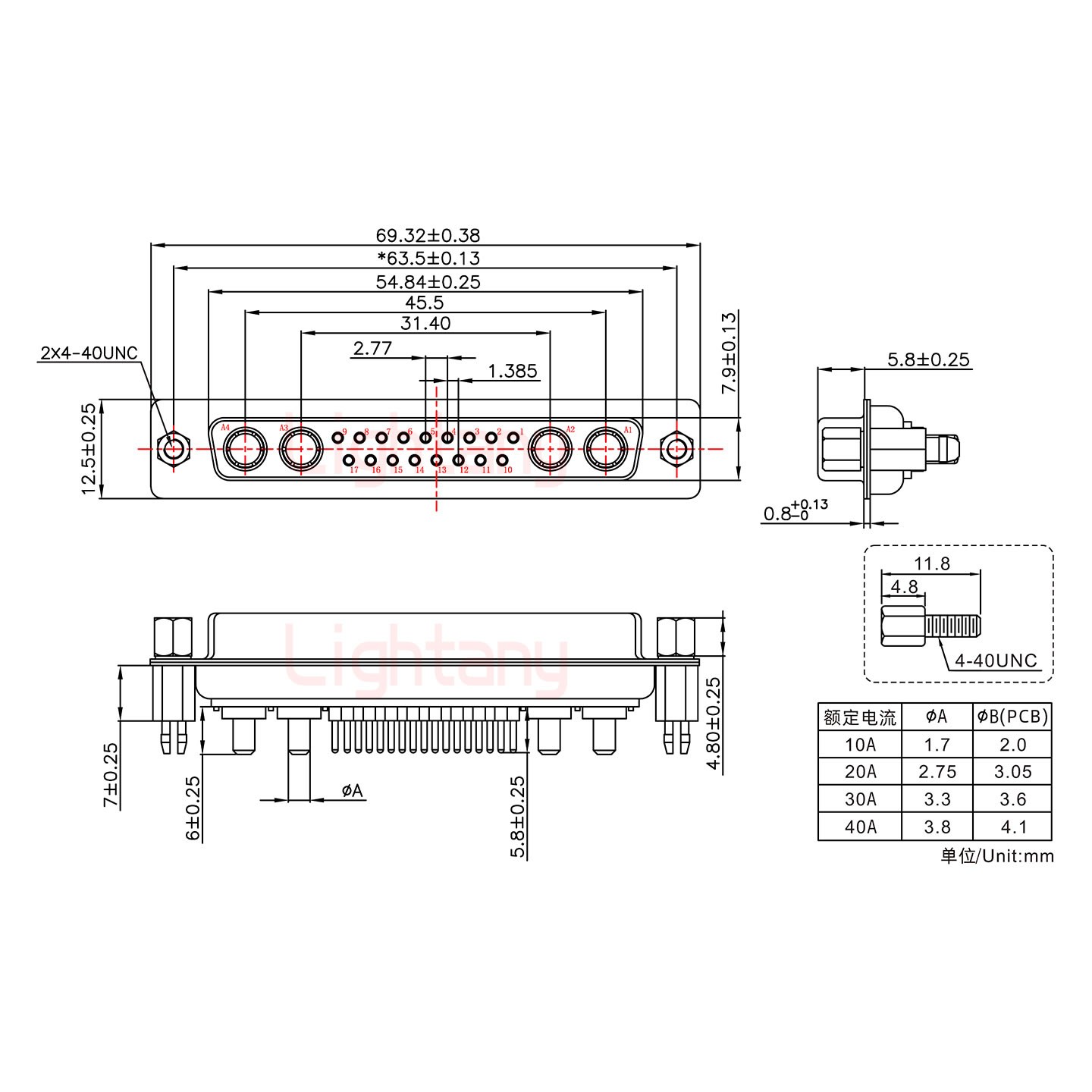 21W4母PCB直插板/鉚魚叉7.0/大電流30A