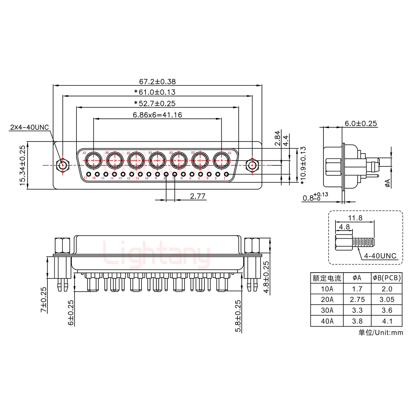 24W7母PCB直插板/鉚魚叉7.0/大電流40A