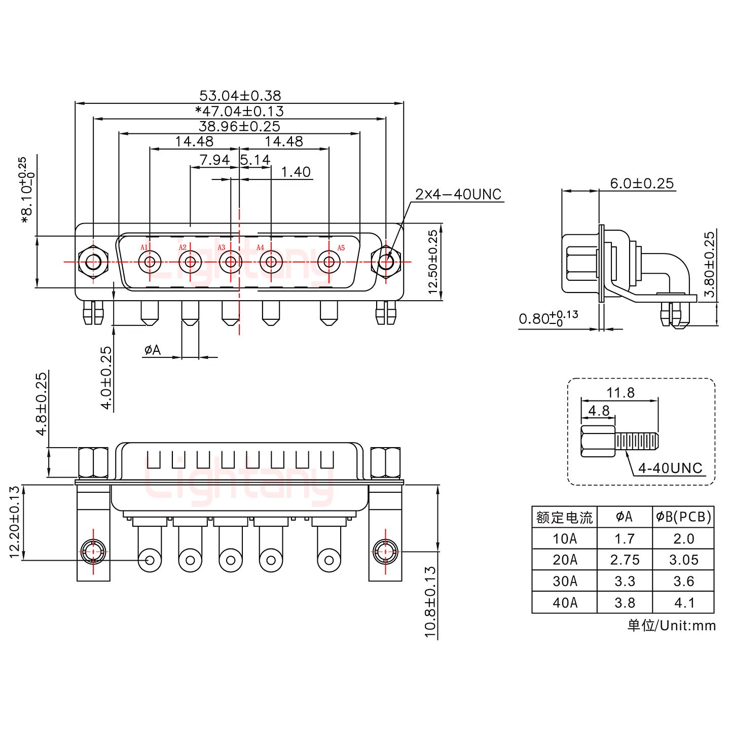 5W5公PCB彎插板/鉚支架10.8/大電流40A