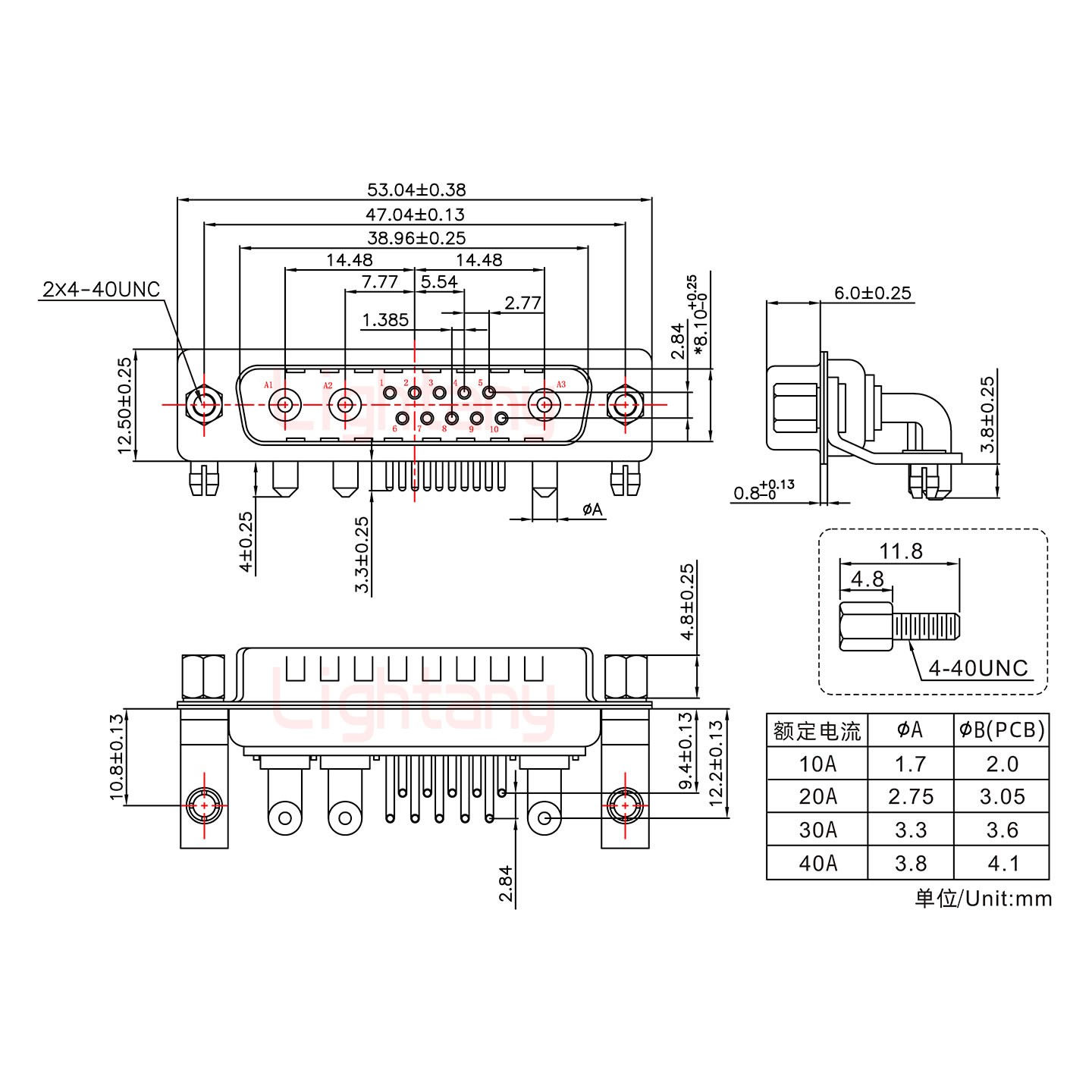 13W3公PCB彎插板/鉚支架10.8/大電流40A