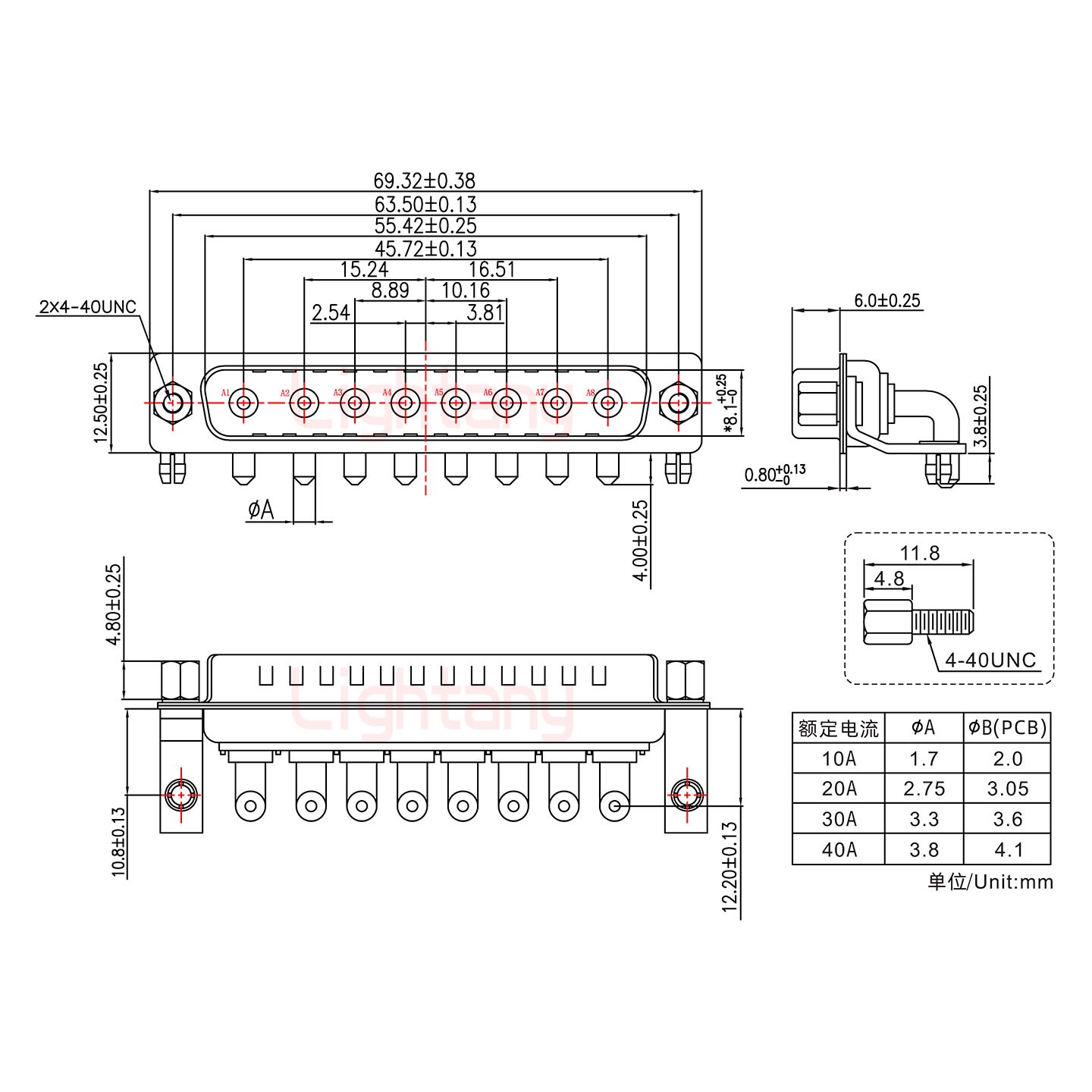 8W8公PCB彎插板/鉚支架10.8/大電流10A