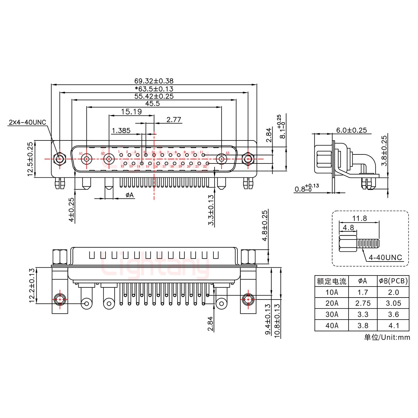 25W3公PCB彎插板/鉚支架10.8/大電流30A