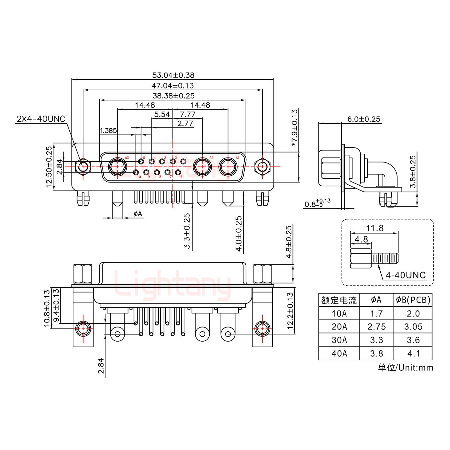 13W3母PCB彎插板/鉚支架10.8/大電流30A