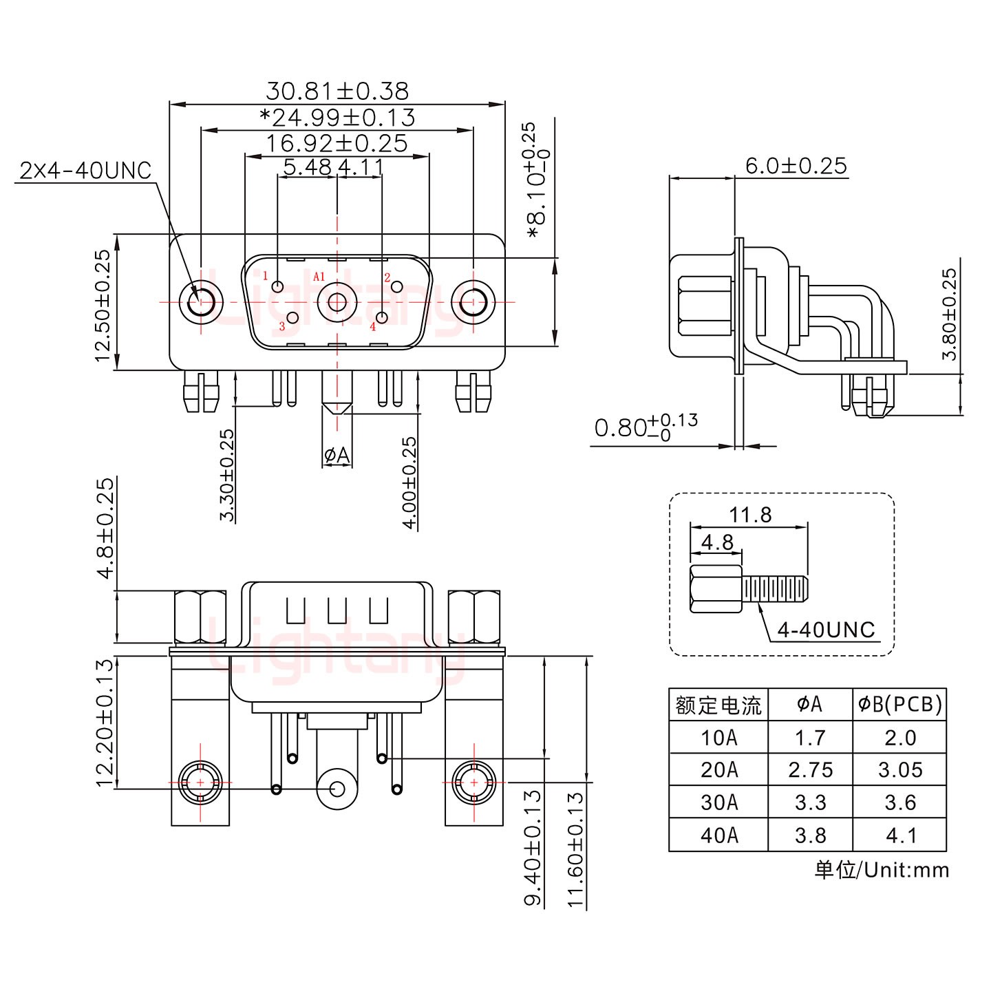 5W1公PCB彎插板/鉚支架11.6/大電流30A