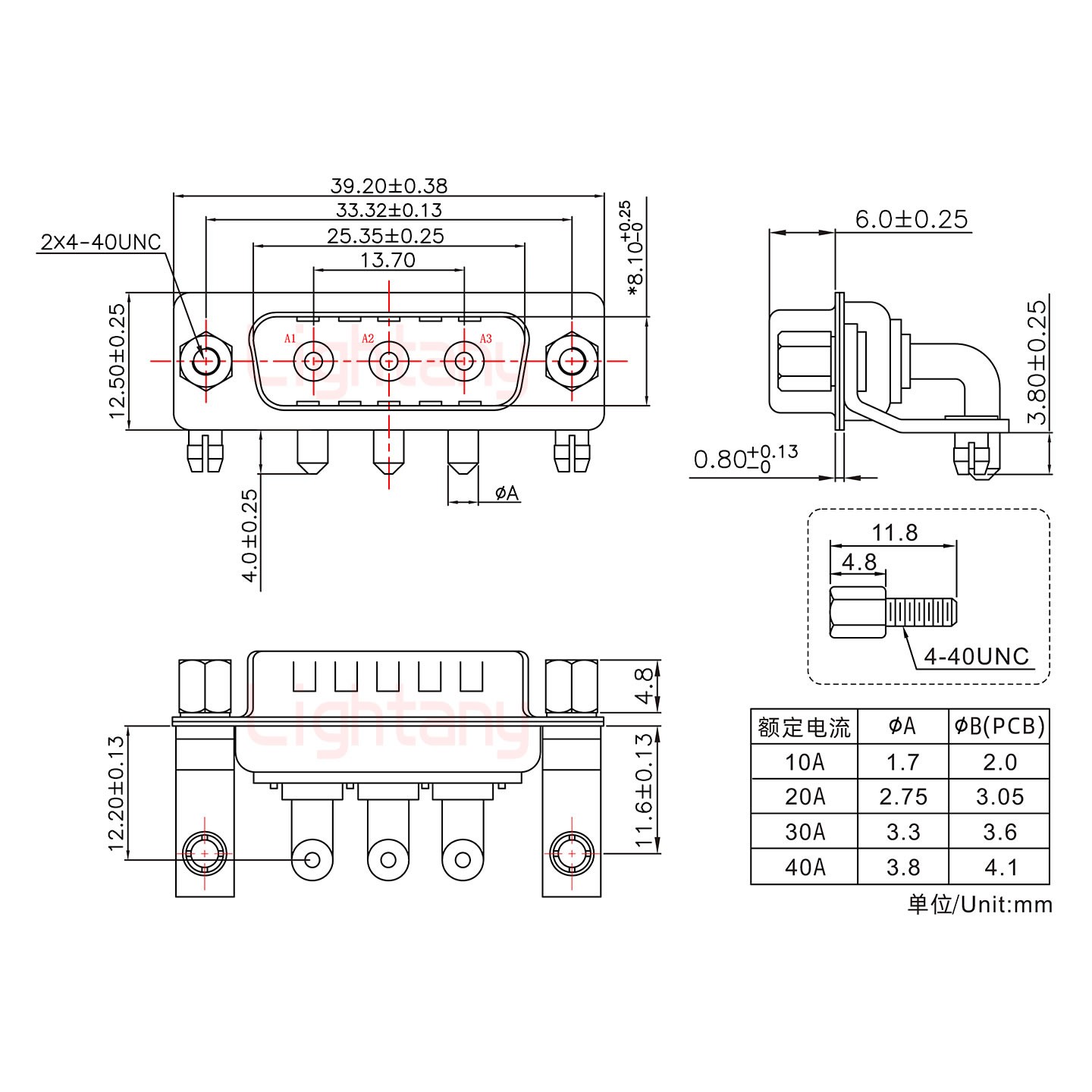 3W3公PCB彎插板/鉚支架11.6/大電流20A