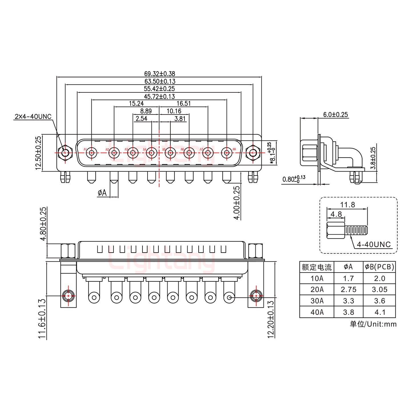 8W8公PCB彎插板/鉚支架11.6/大電流40A