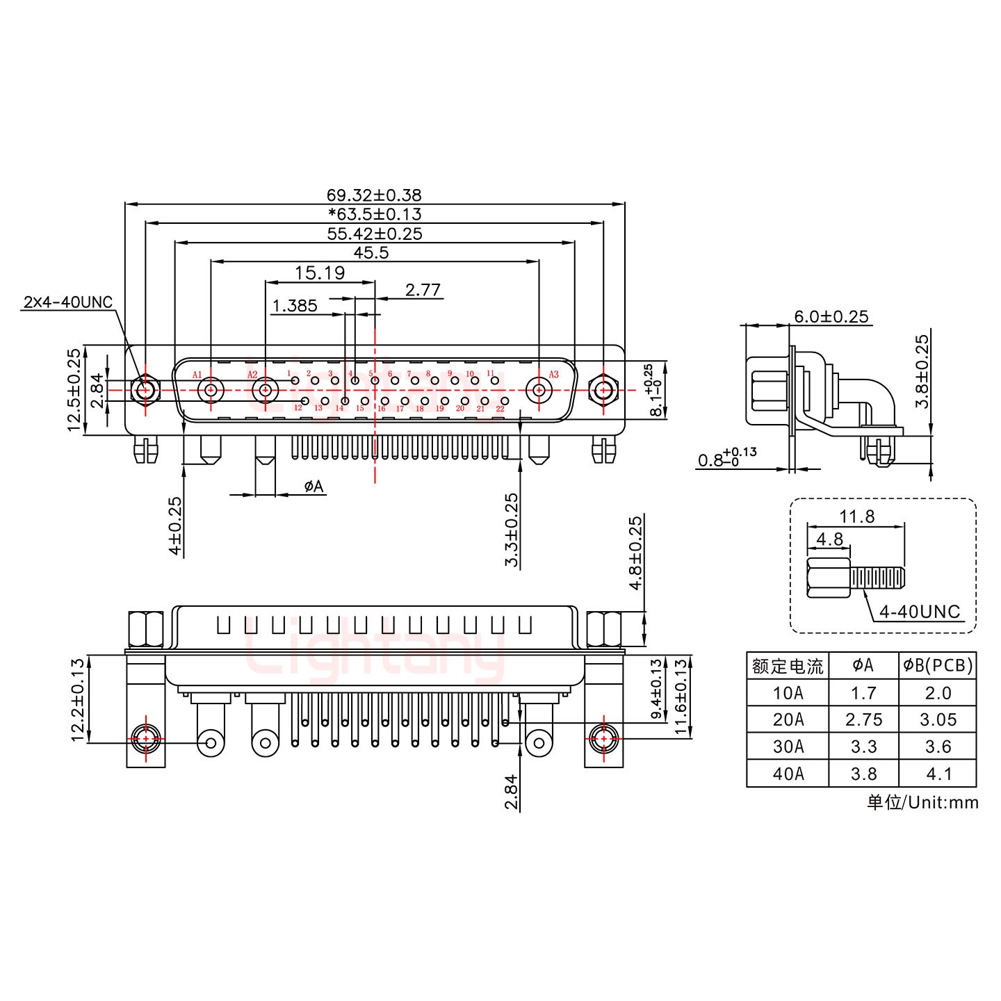 25W3公PCB彎插板/鉚支架11.6/大電流20A