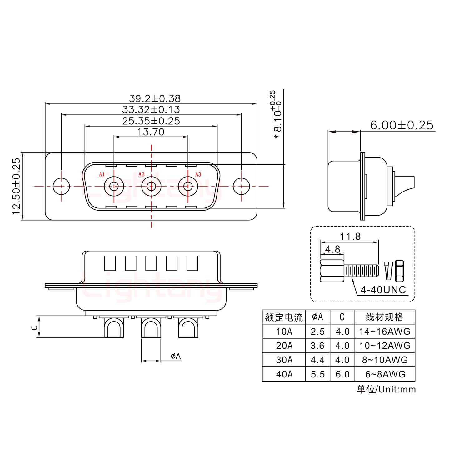 3W3公短體焊線/配螺絲螺母/大電流20A