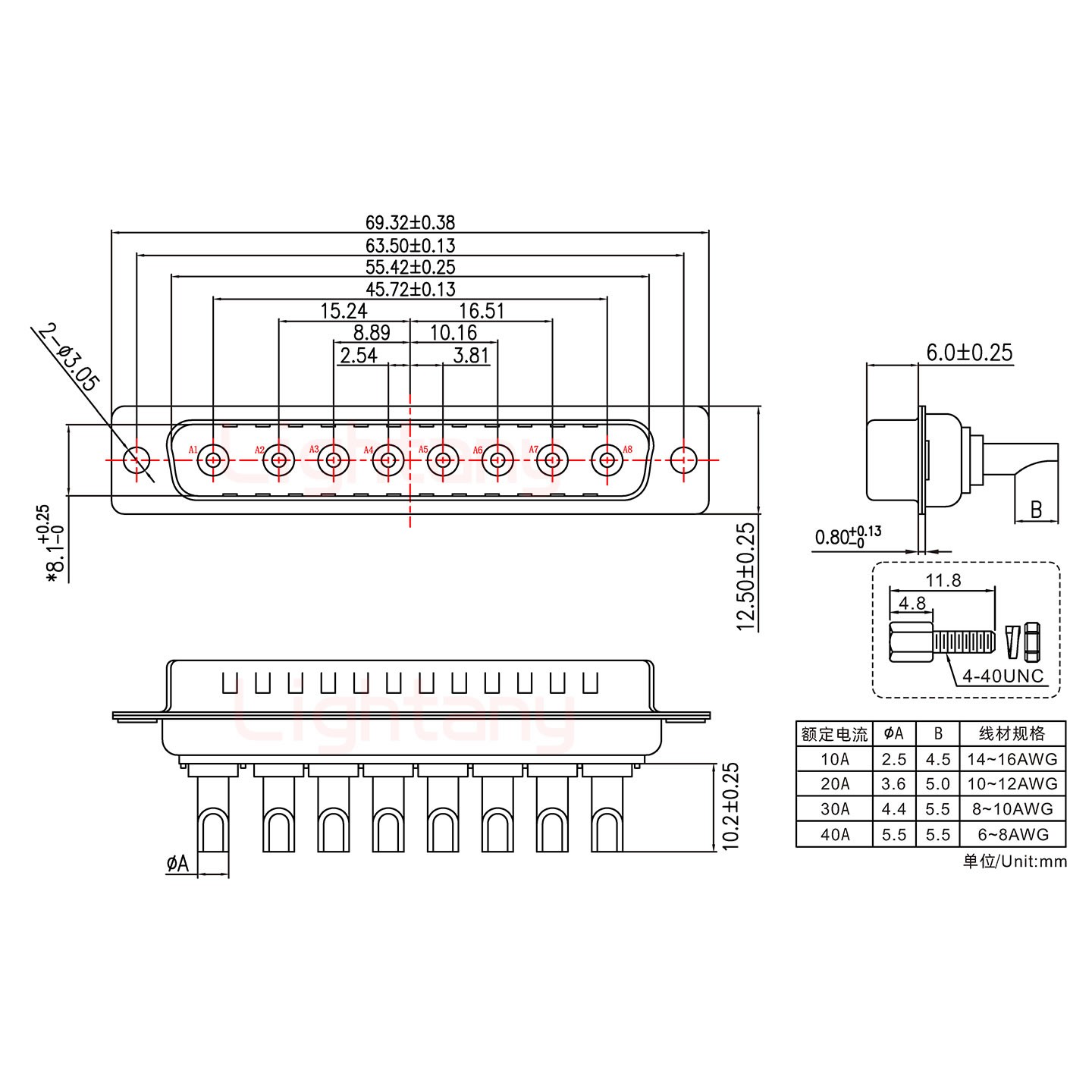 8W8公長(zhǎng)體焊線/配螺絲螺母/大電流40A