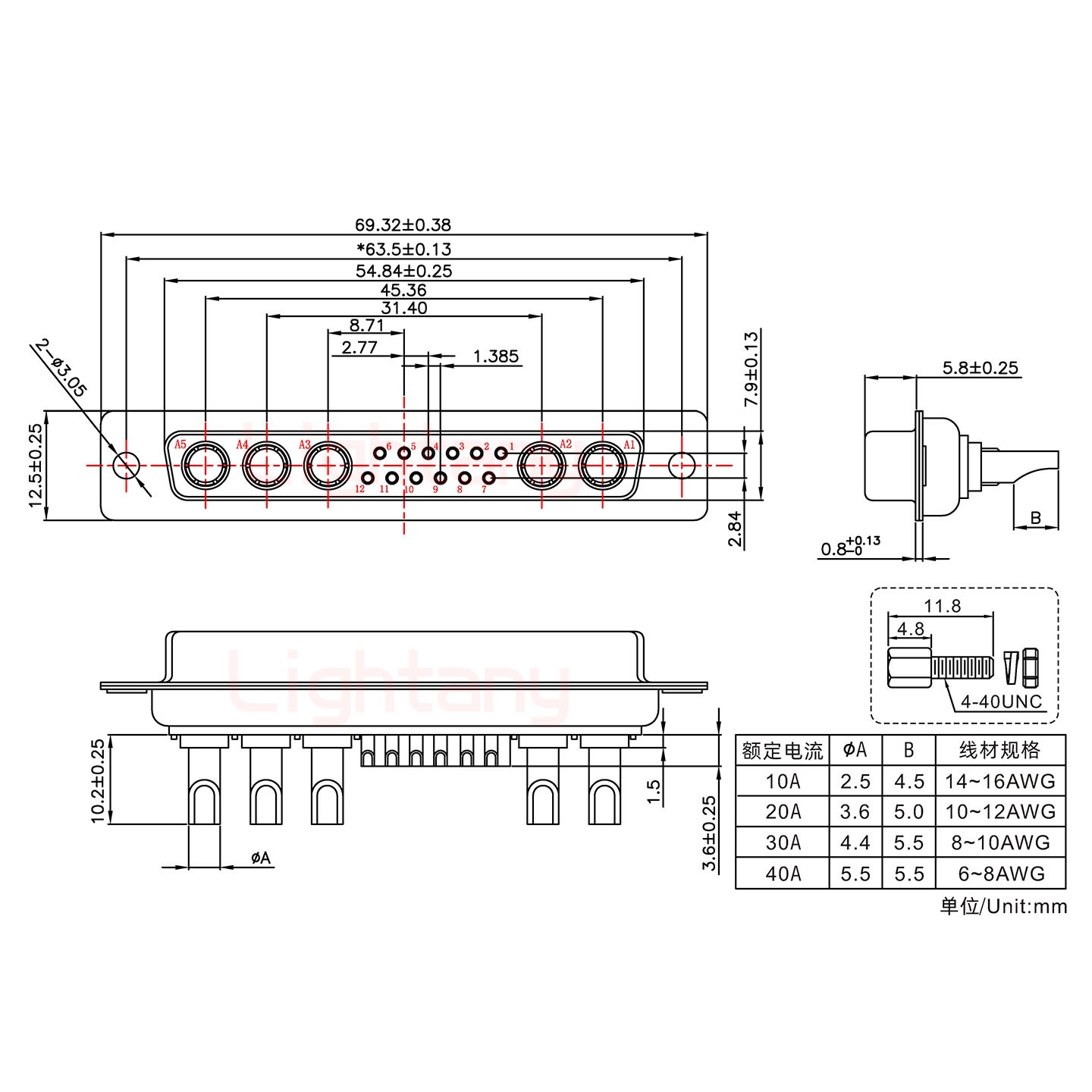 17W5母長體焊線/配螺絲螺母/大電流30A