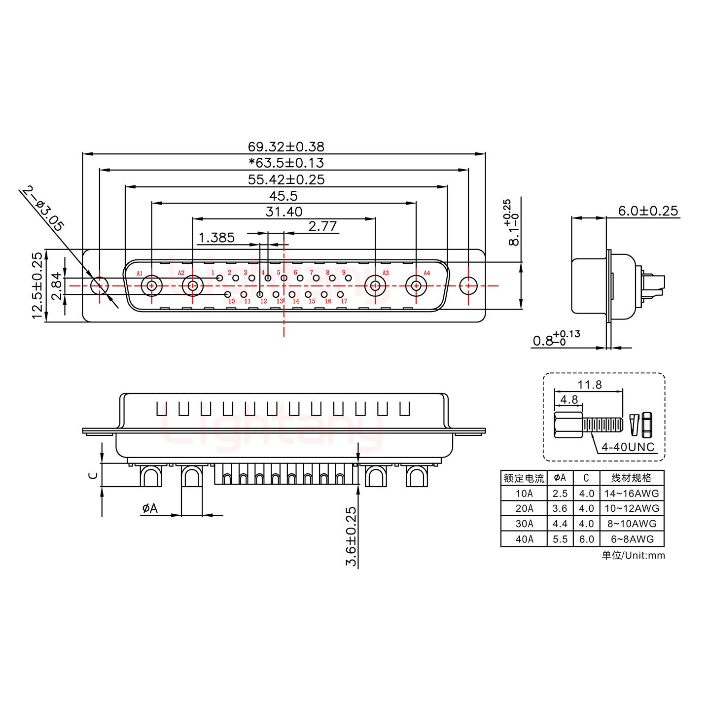 21W4公短體焊線/配螺絲螺母/大電流20A