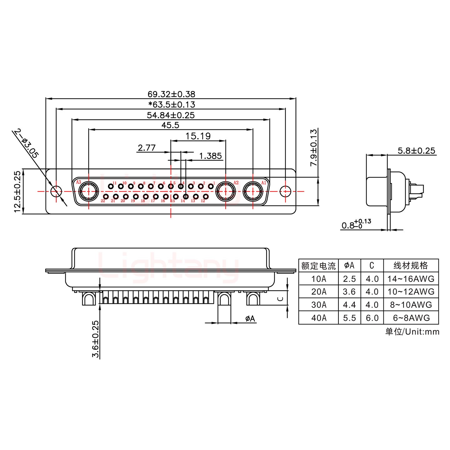 25W3母短體焊線40A+37P金屬外殼951彎出線4~12mm