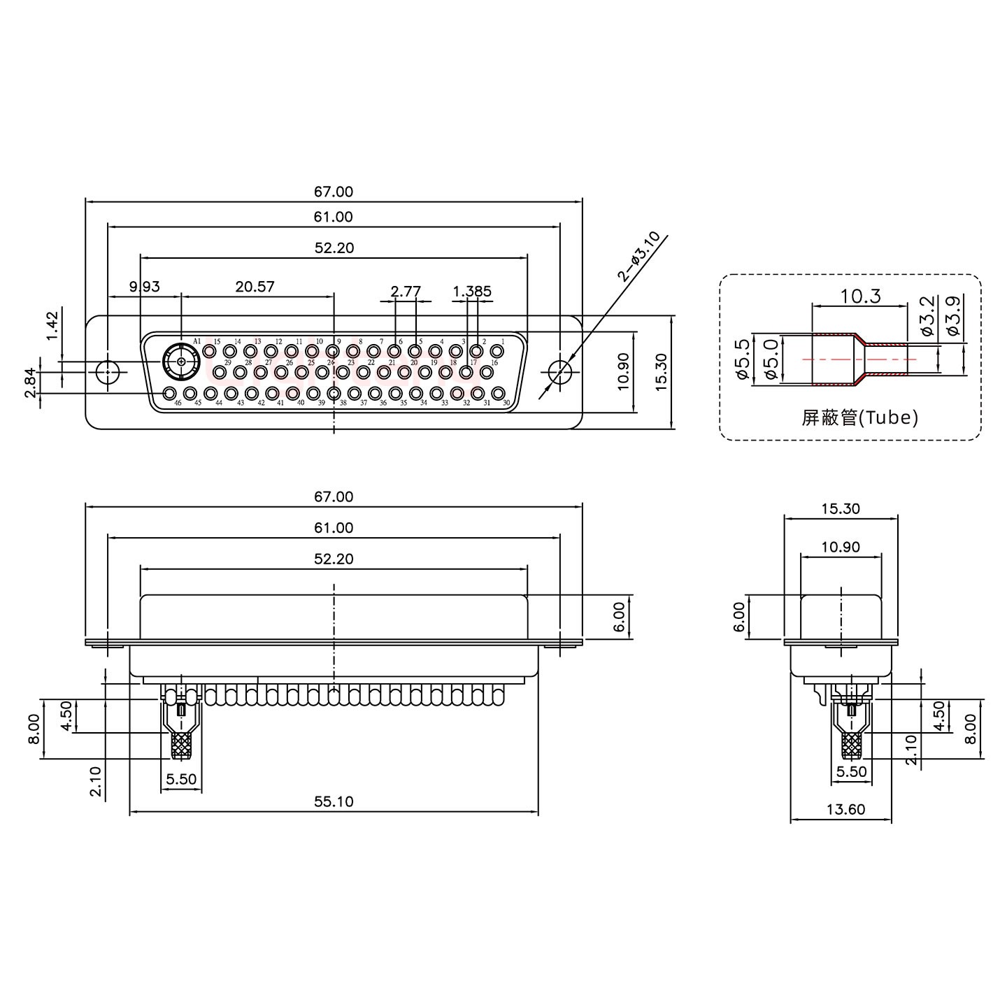 43W2母焊線式50歐姆+50P金屬外殼1331直出線12.5mm