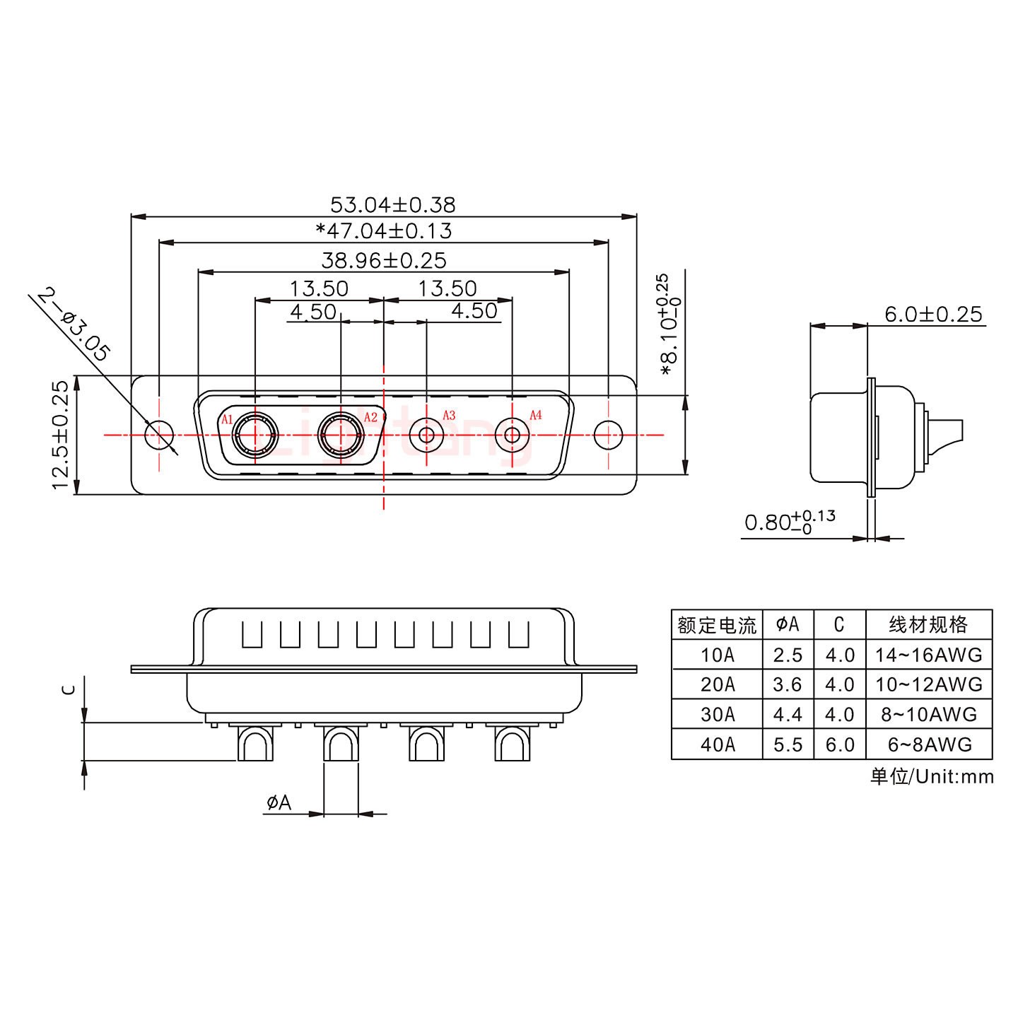 4V4公短體焊線30A+25P金屬外殼1657直出線4~12mm