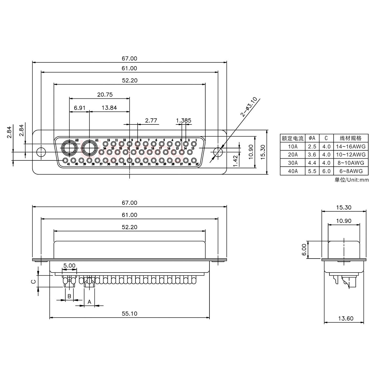 43W2母短體焊線30A+50P金屬外殼1746斜出線4~12mm