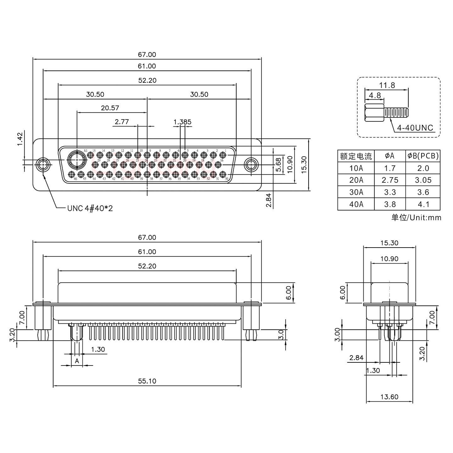 47W1母PCB直插板/鉚魚(yú)叉7.0/大電流30A