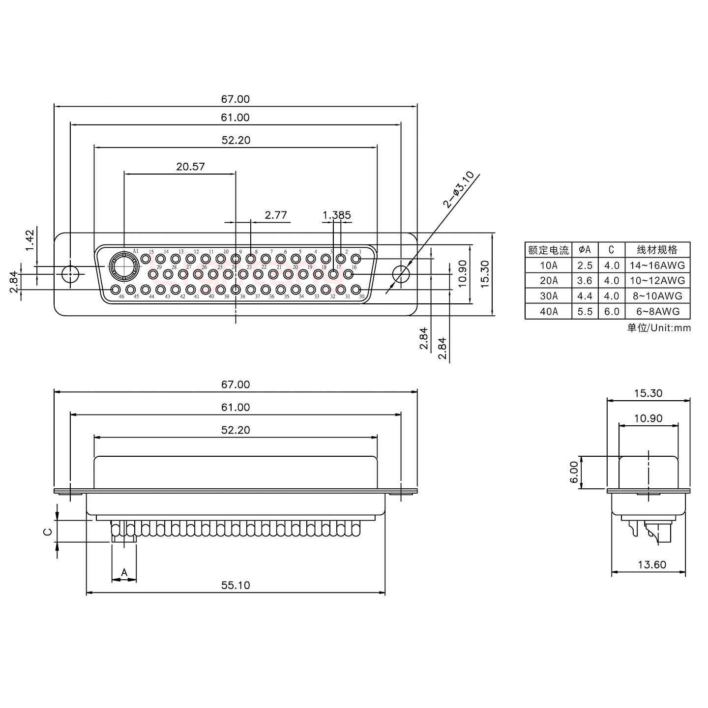 47W1母短體焊線20A+50P金屬外殼2252三個出線孔12mm