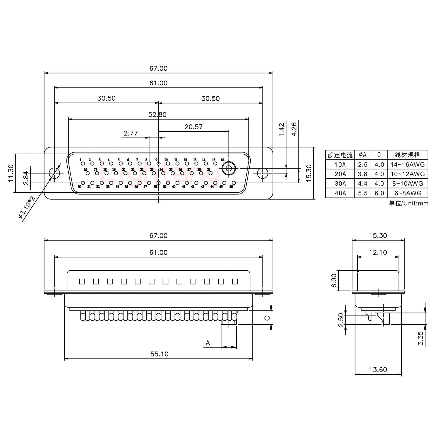 47W1公短體焊線10A+50P金屬外殼1746斜出線4~12mm