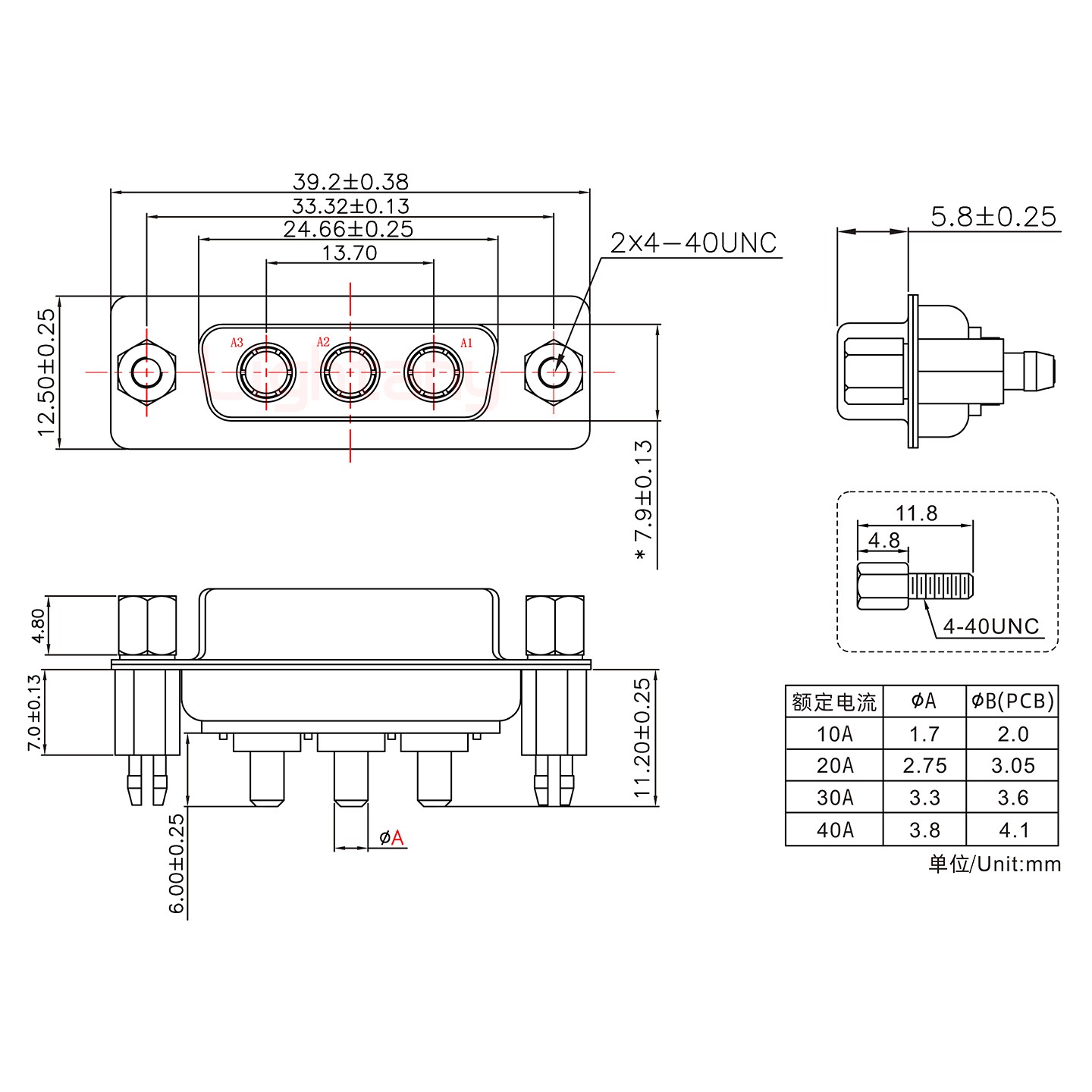 3W3母PCB直插板/鉚魚叉7.0/大電流20A