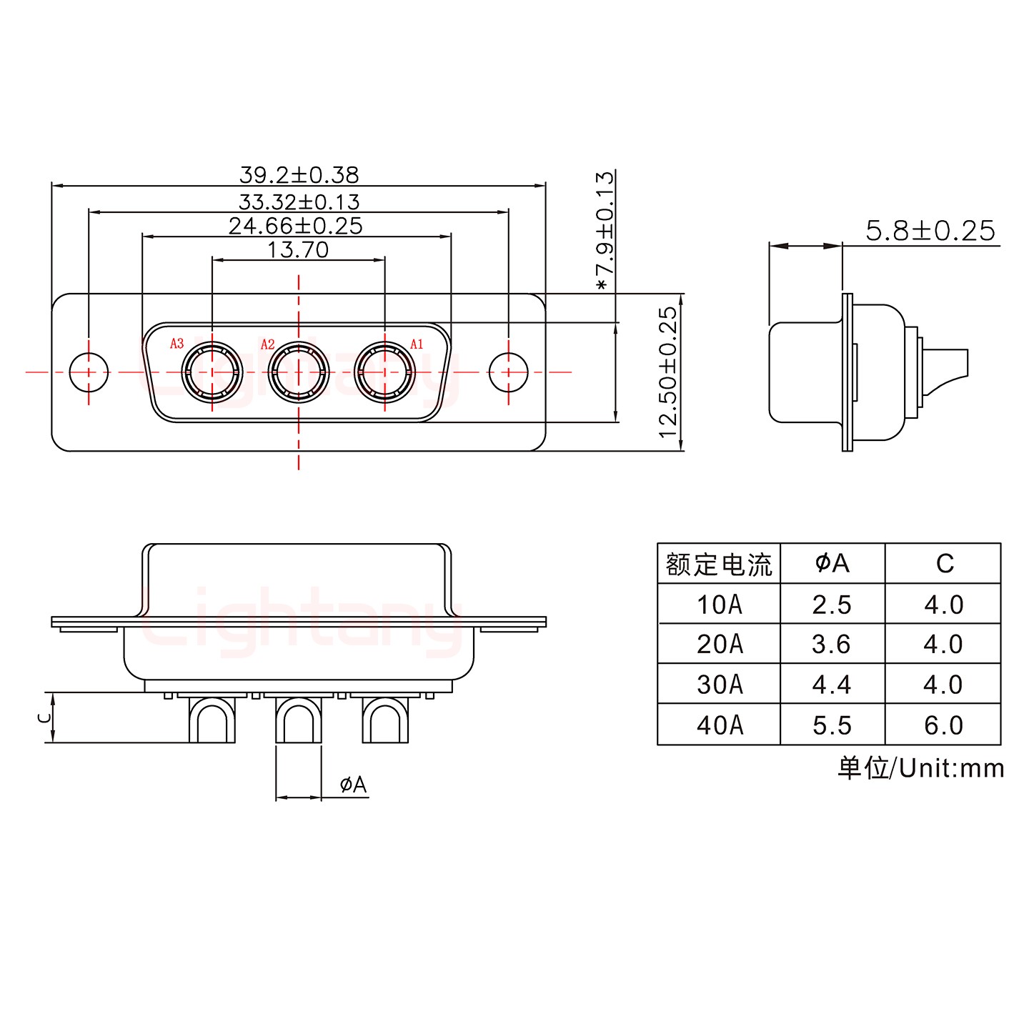 3W3母短體焊線30A+15P金屬外殼1664直出線4~12mm