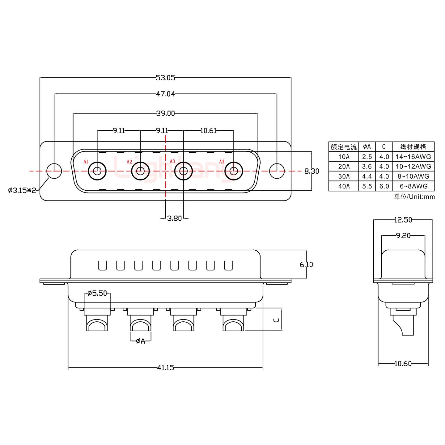 4W4公短體焊線40A+25P金屬外殼1015彎出線4~12mm