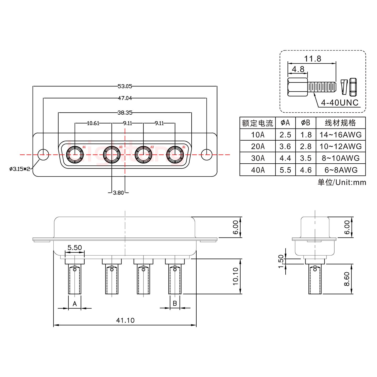 4W4母壓線式/配螺絲螺母/大電流10A