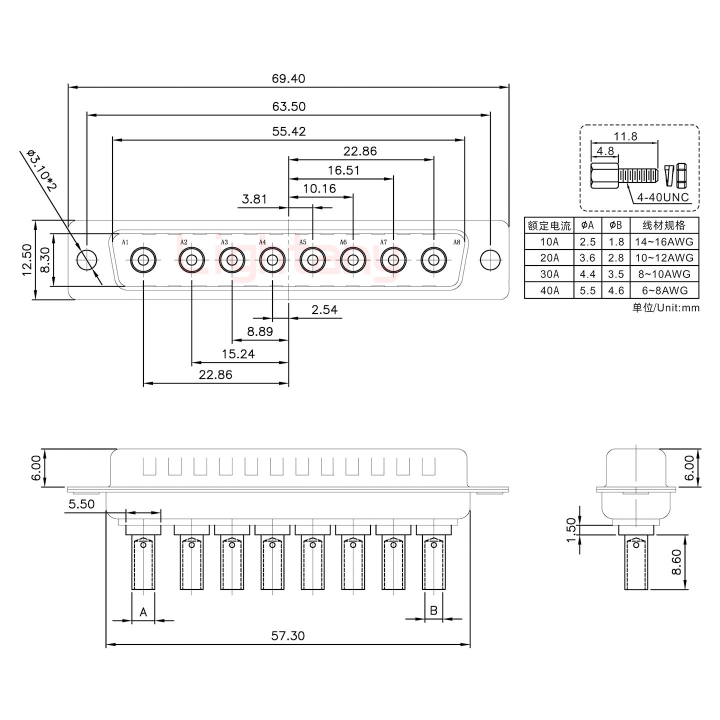 8W8公壓線式/配螺絲螺母/大電流30A