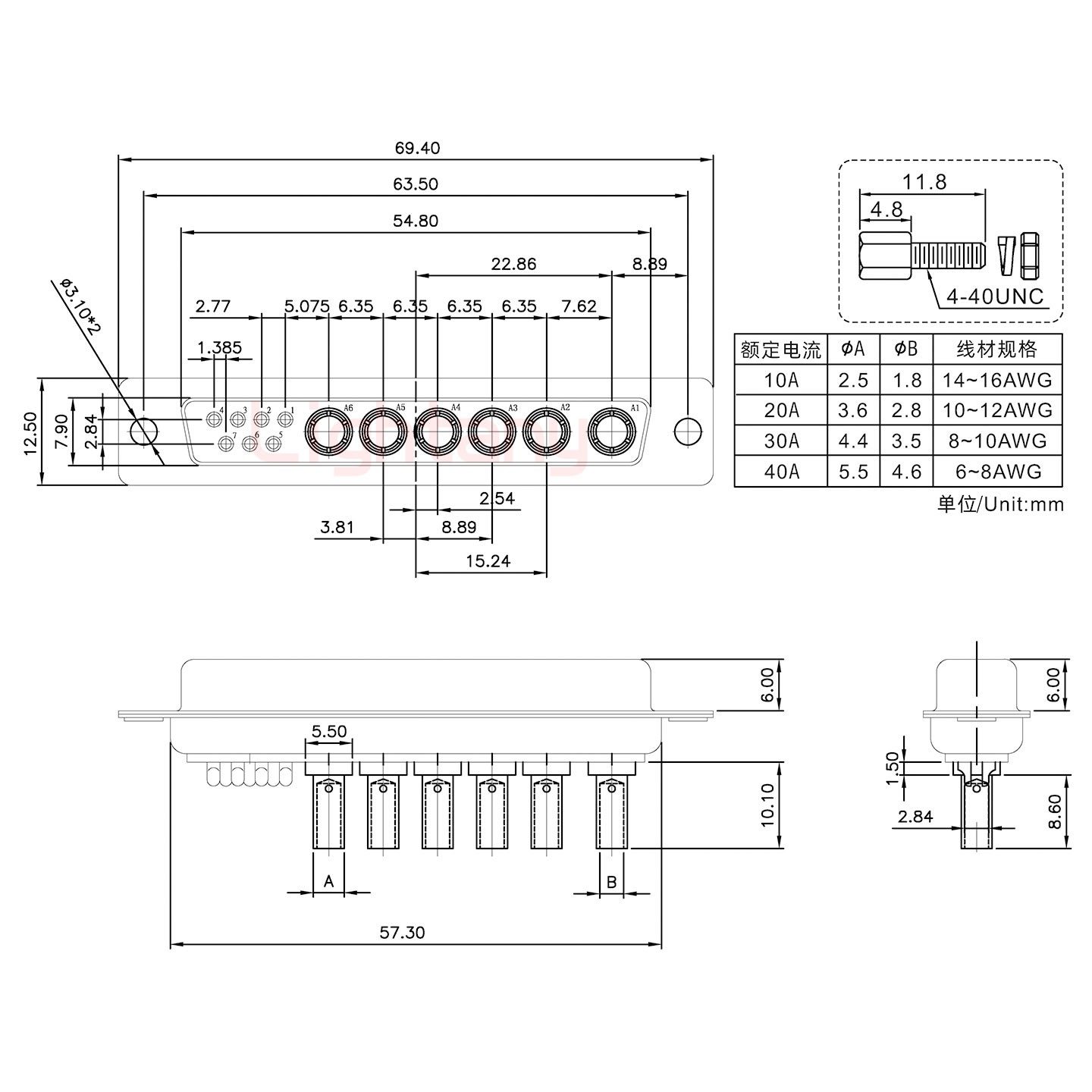 13W6B母壓線式/配螺絲螺母/大電流40A