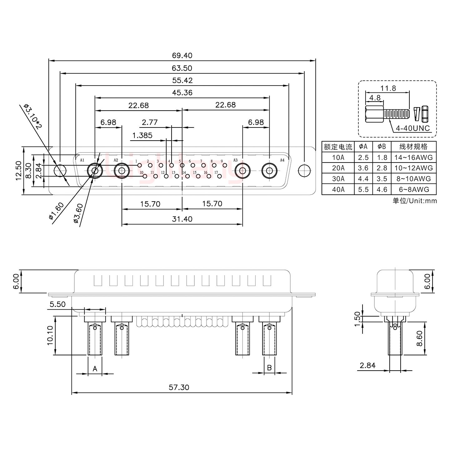 21W4公壓線式/配螺絲螺母/大電流20A