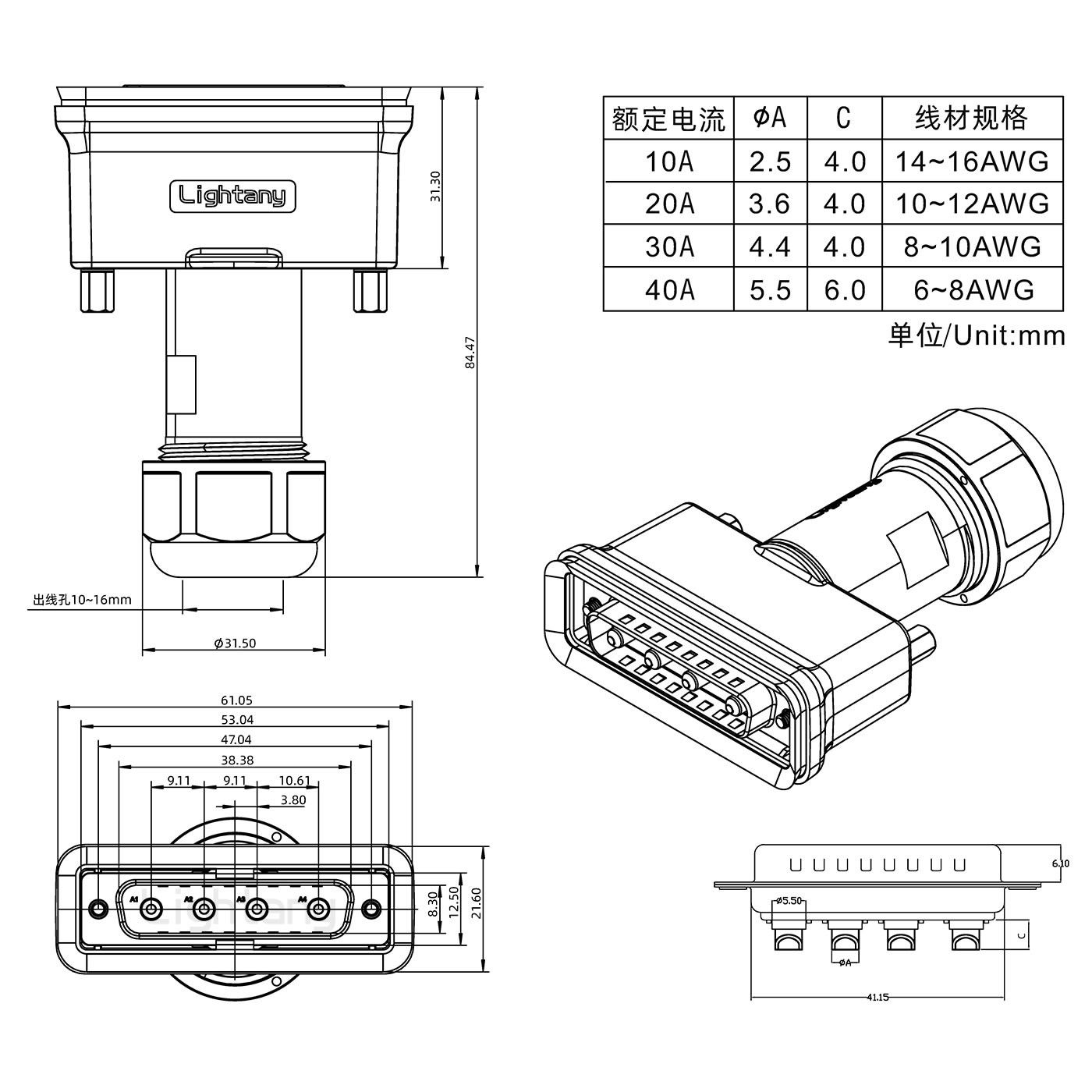 4W4公頭焊線+防水接頭/線徑10~16mm/大電流40A