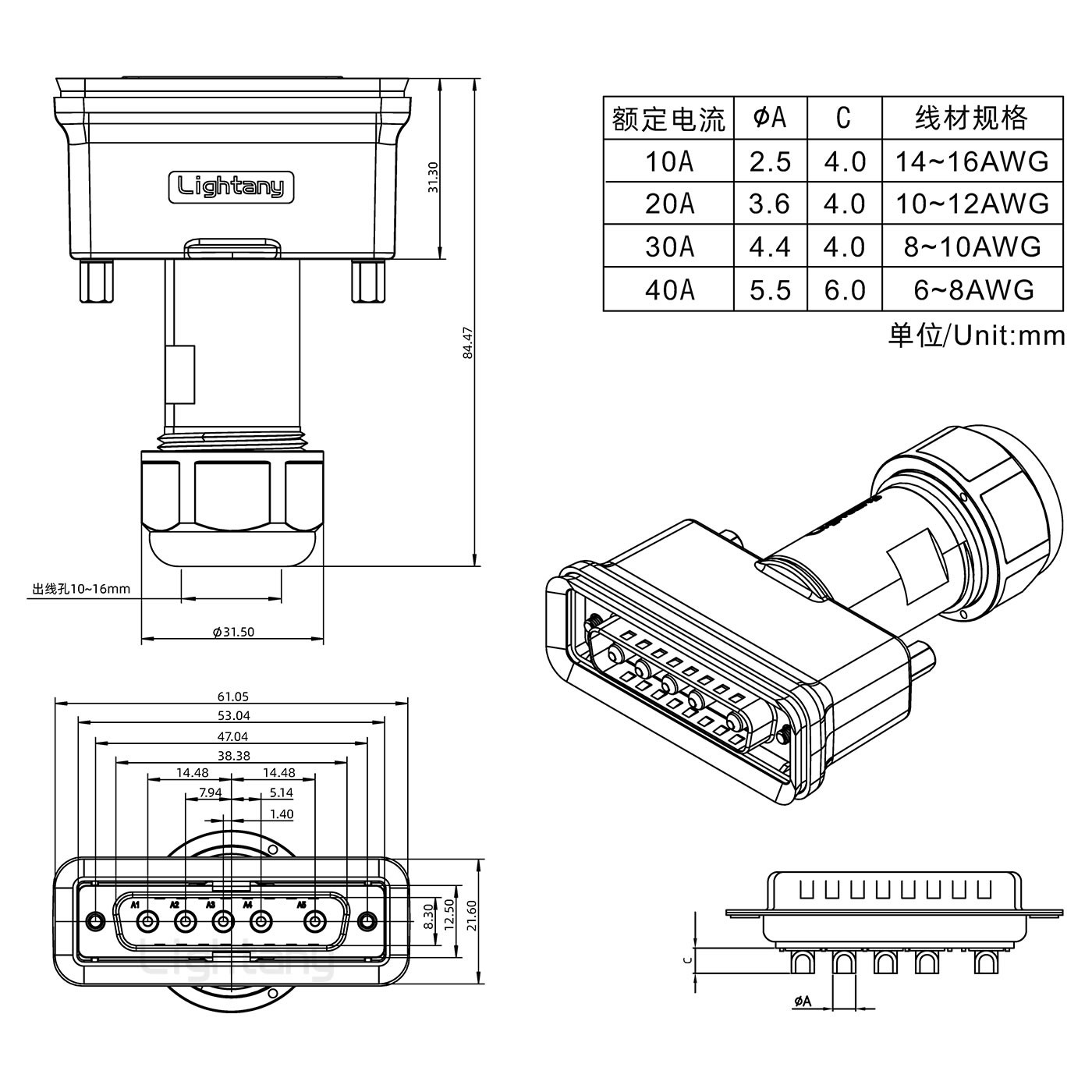 5W5公頭焊線+防水接頭/線徑10~16mm/大電流40A