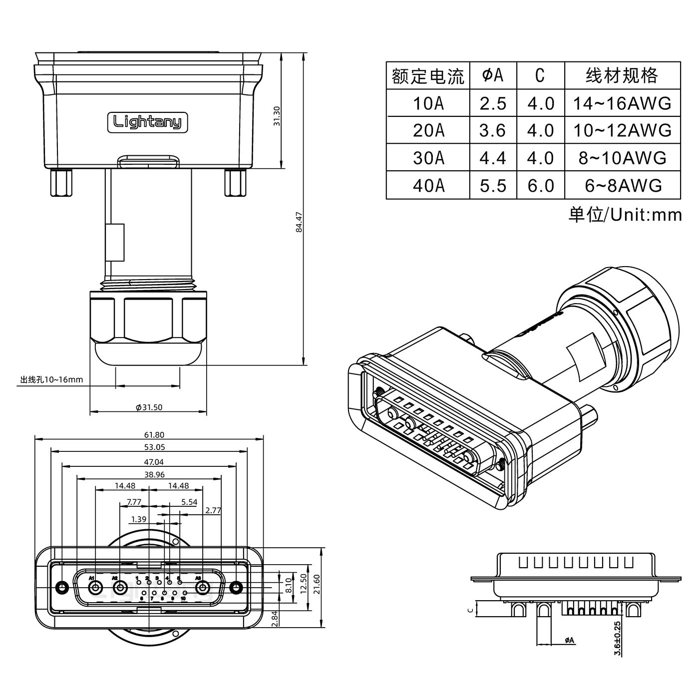 13W3公頭焊線+防水接頭/線徑10~16mm/大電流40A