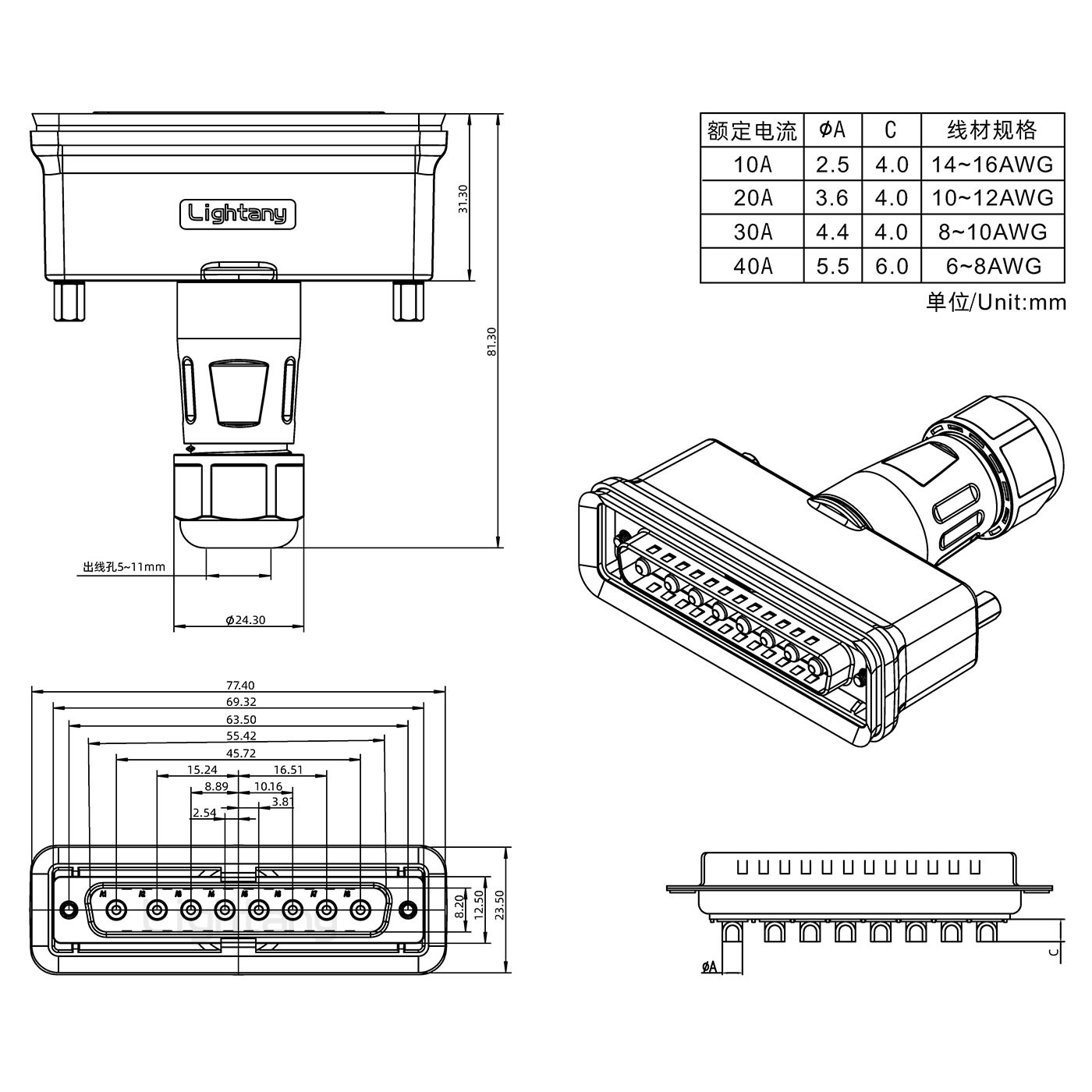 21W1母頭焊線+防水接頭/線徑5~11mm/大電流40A