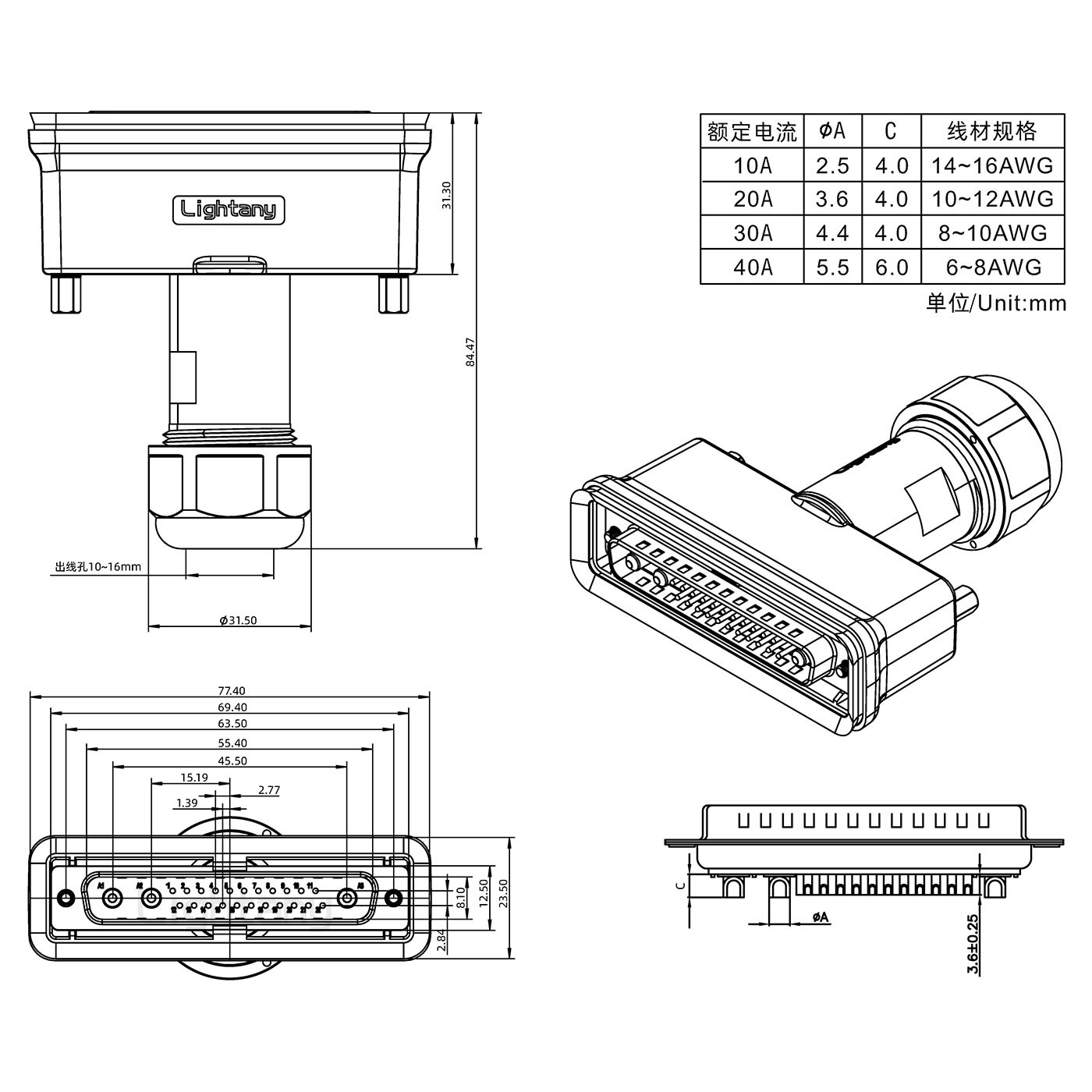 25W3公頭焊線+防水接頭/線徑10~16mm/大電流40A