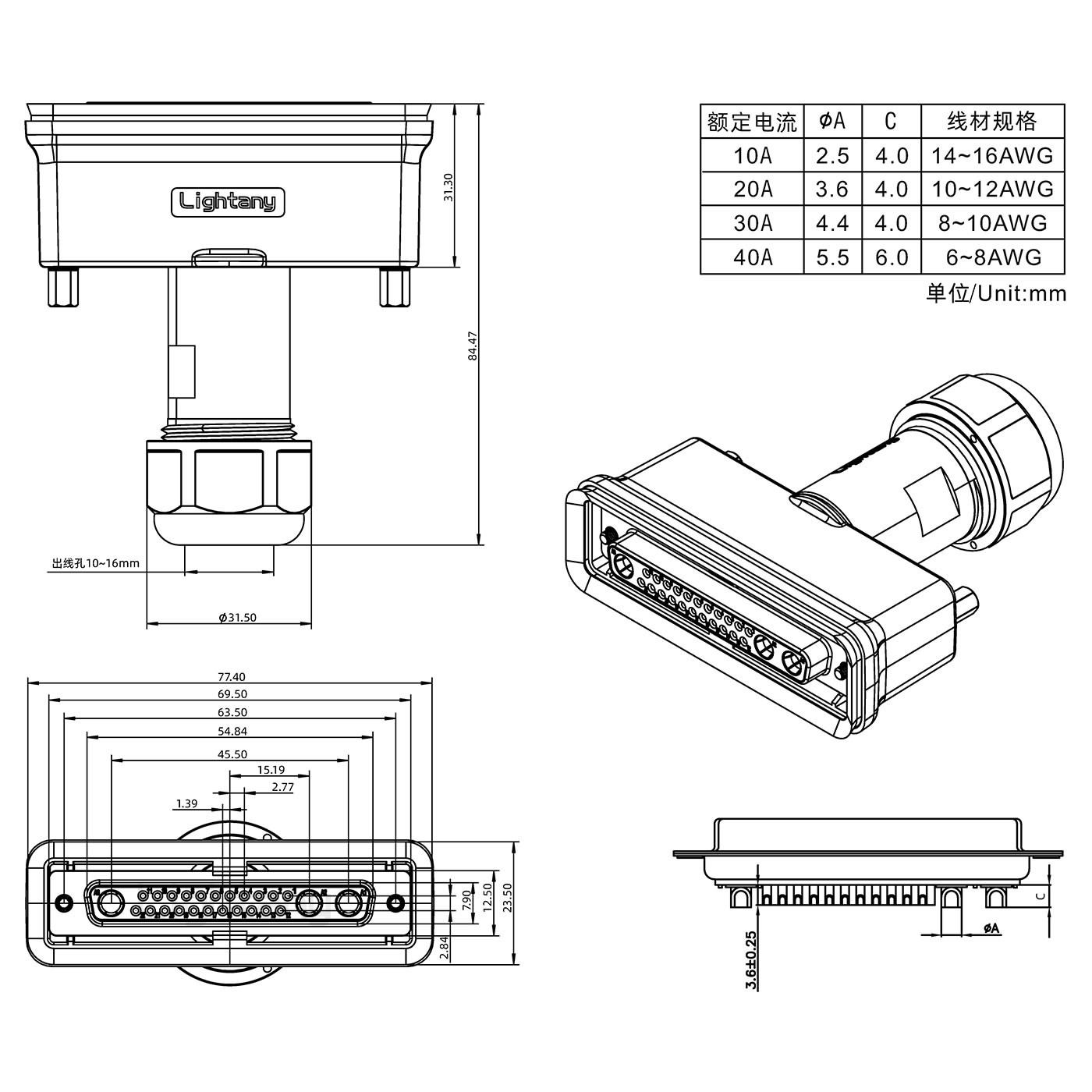 25W3母頭焊線+防水接頭/線徑10~16mm/大電流40A