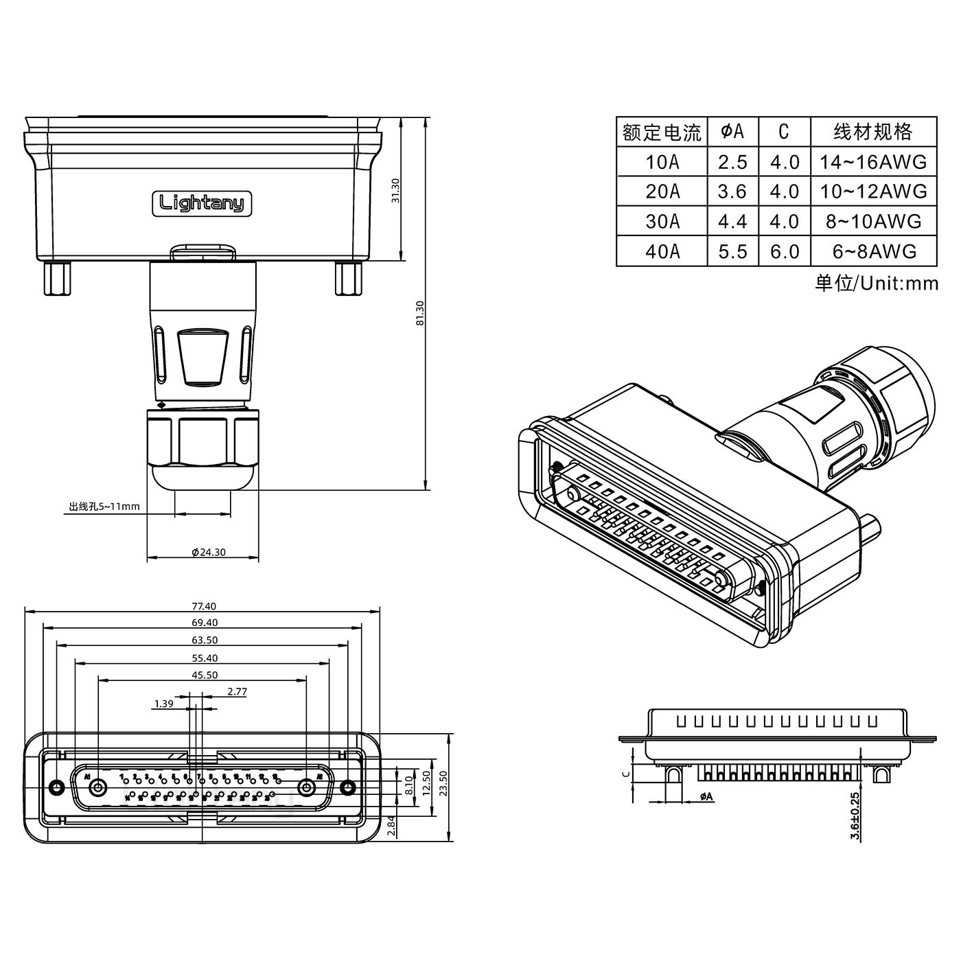 27W2公頭焊線+防水接頭/線徑5~11mm/大電流40A