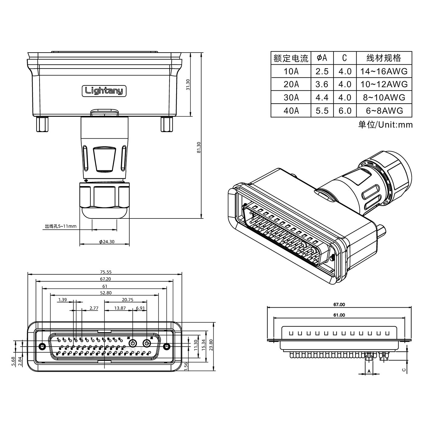 43W2公頭焊線+防水接頭/線徑5~11mm/大電流40A