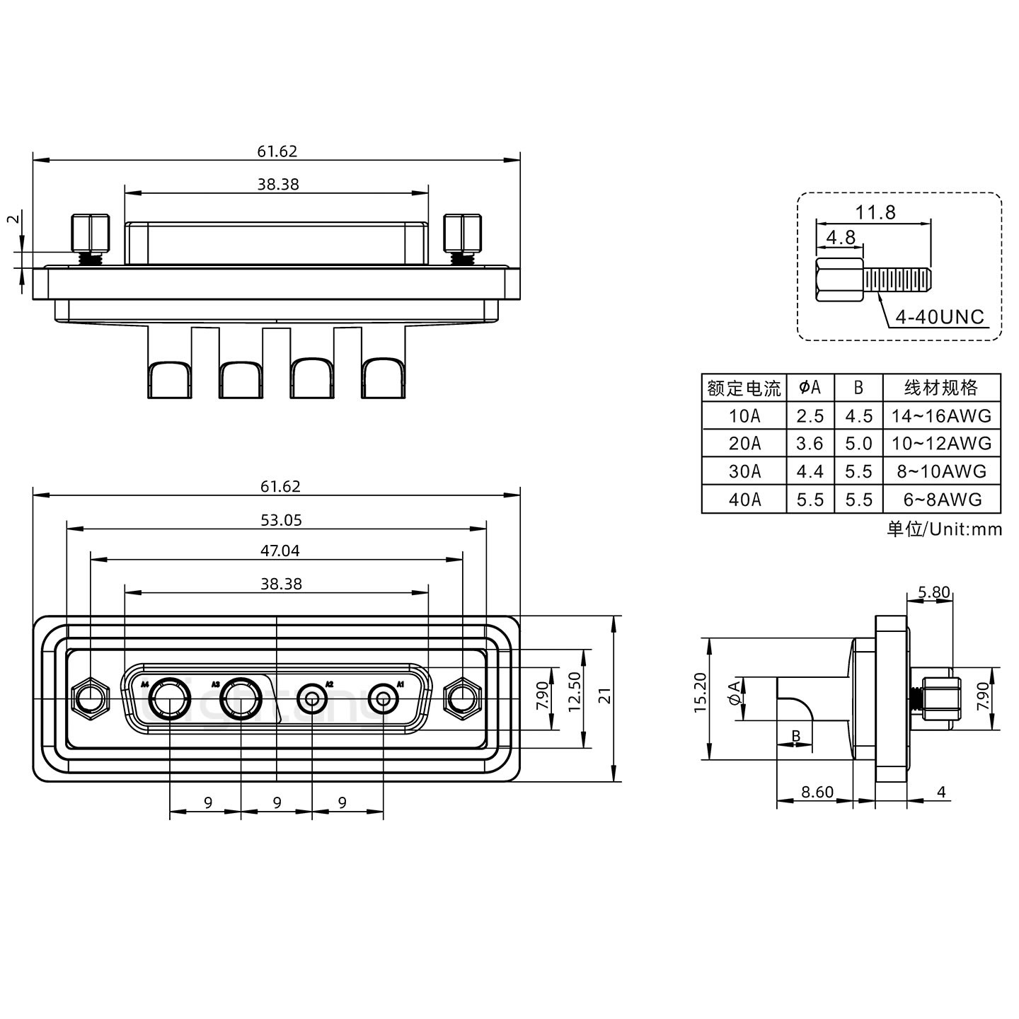 防水4V4母焊線式/鎖螺絲/大電流40A